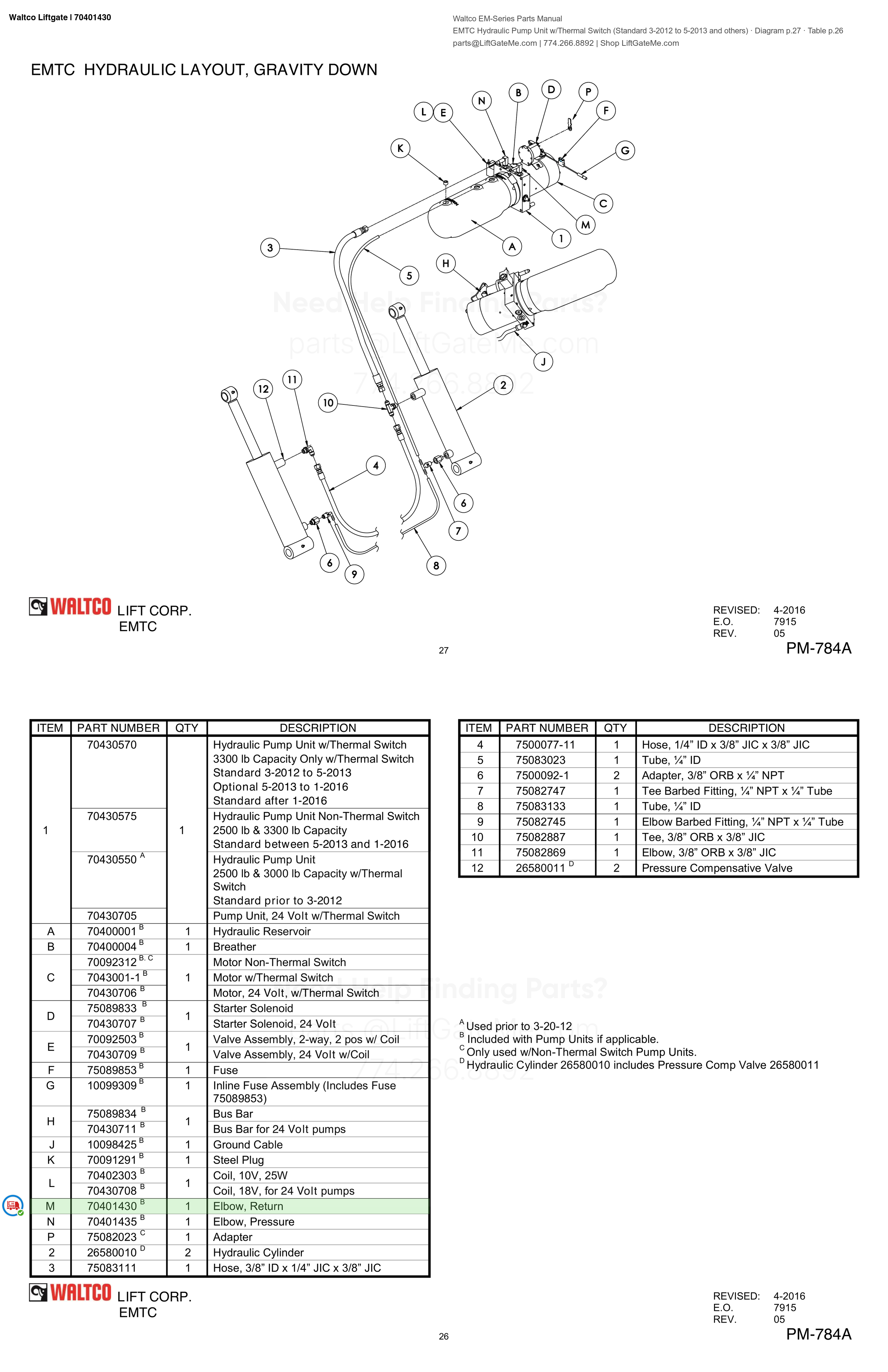 Waltco Liftgate | 70401430 — EMTC Hydraulic Pump Unit w/Thermal Switch (Standard 3-2012 to 5-2013 and others) · Diagram p.27 · Table p.26 (Waltco EM-Series Parts Manual)