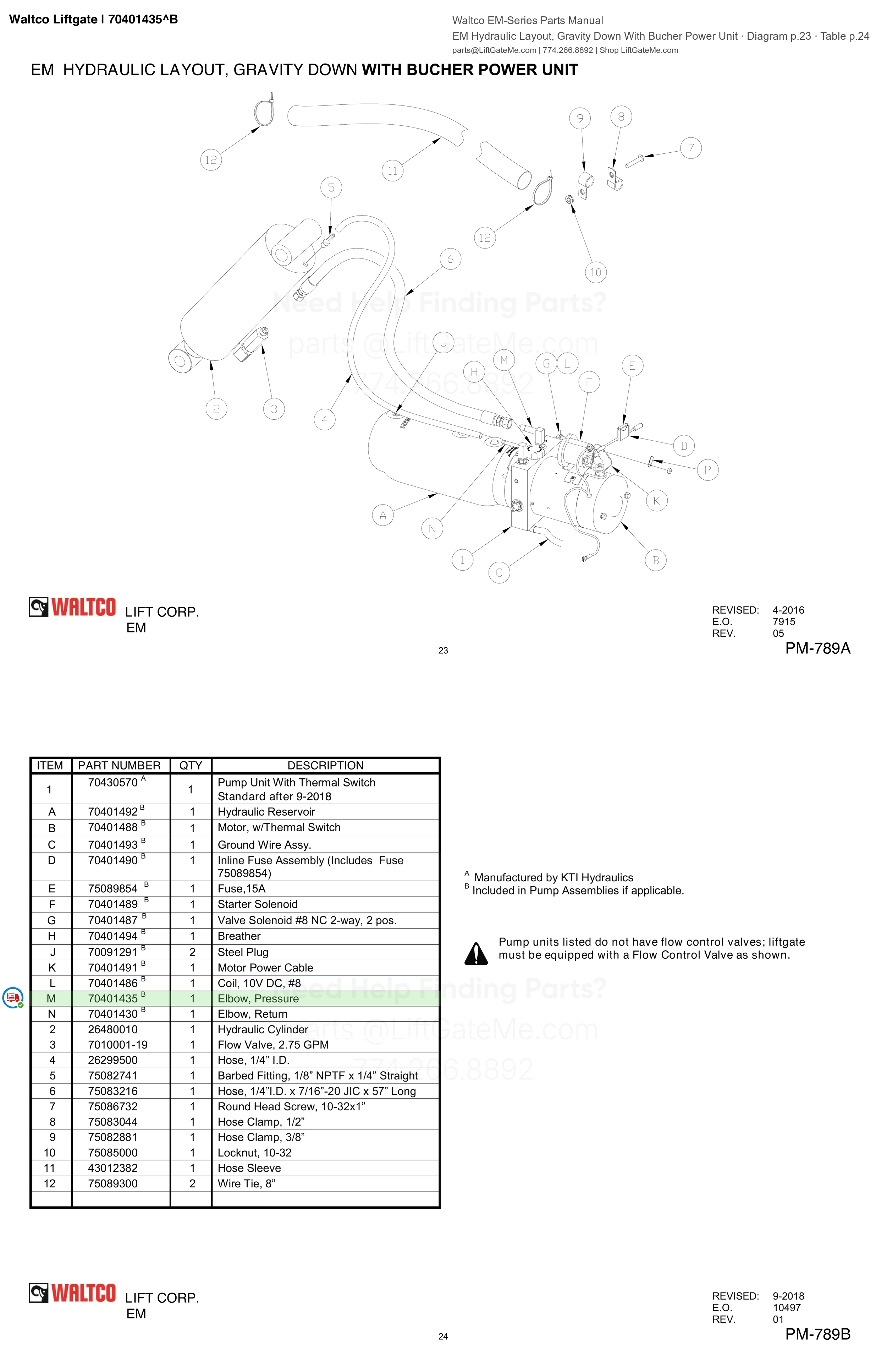 Waltco Liftgate | 70401435 — EM Hydraulic Layout, Gravity Down With Bucher Power Unit · Diagram p.23 · Table p.24 (Waltco EM-Series Parts Manual)