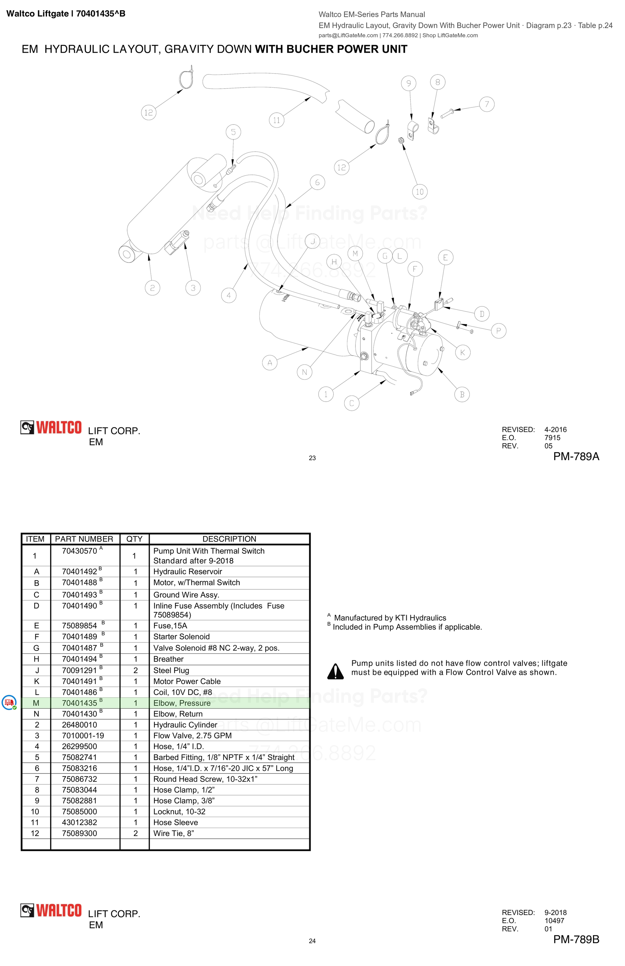 Waltco Liftgate | 70401435 — EM Hydraulic Layout, Gravity Down With Bucher Power Unit · Diagram p.23 · Table p.24 (Waltco EM-Series Parts Manual)