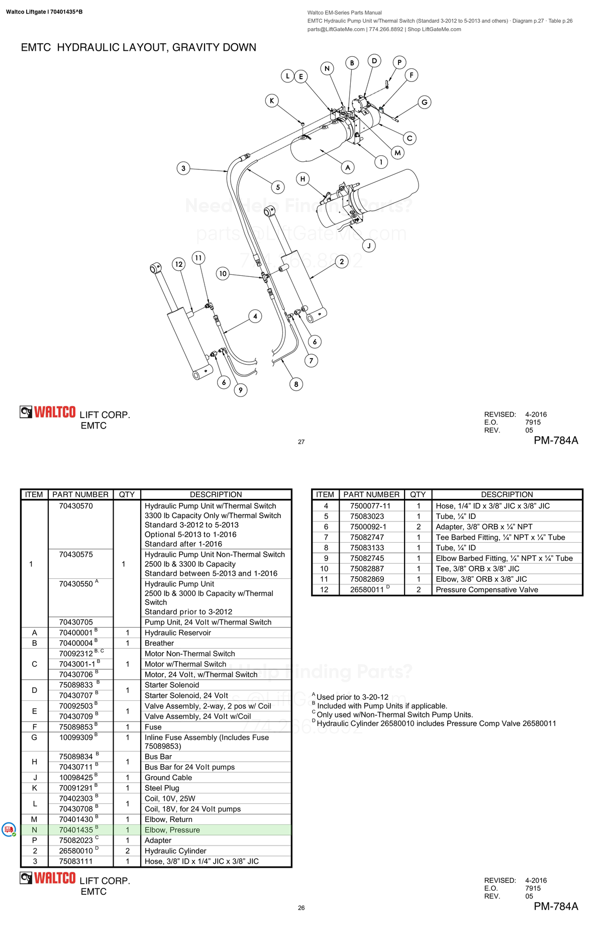 Waltco Liftgate | 70401435 — EMTC Hydraulic Pump Unit w/Thermal Switch (Standard 3-2012 to 5-2013 and others) · Diagram p.27 · Table p.26 (Waltco EM-Series Parts Manual)
