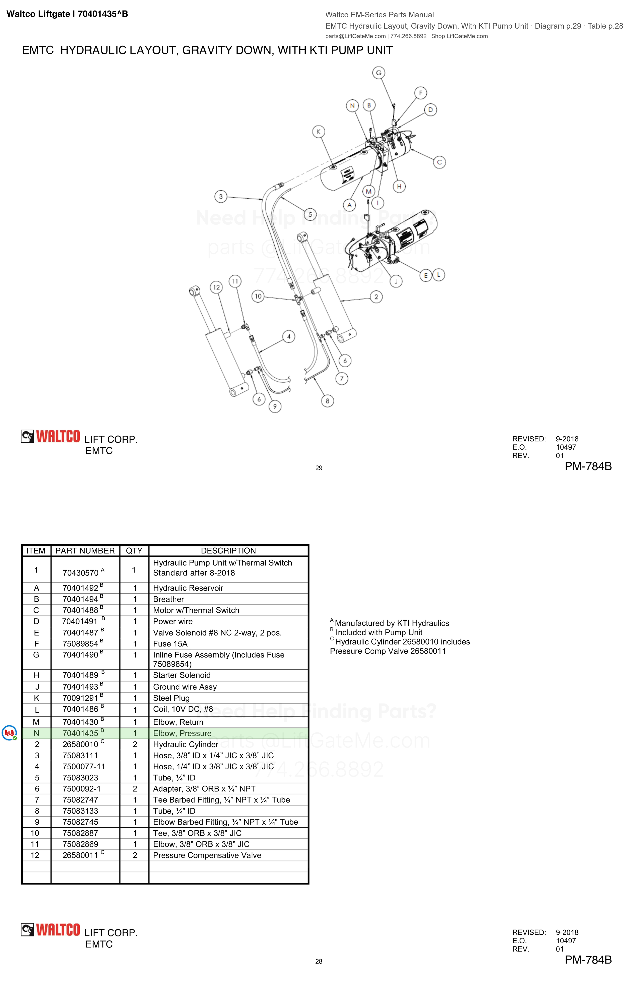 Waltco Liftgate | 70401435 — EMTC Hydraulic Layout, Gravity Down, With KTI Pump Unit · Diagram p.29 · Table p.28 (Waltco EM-Series Parts Manual)