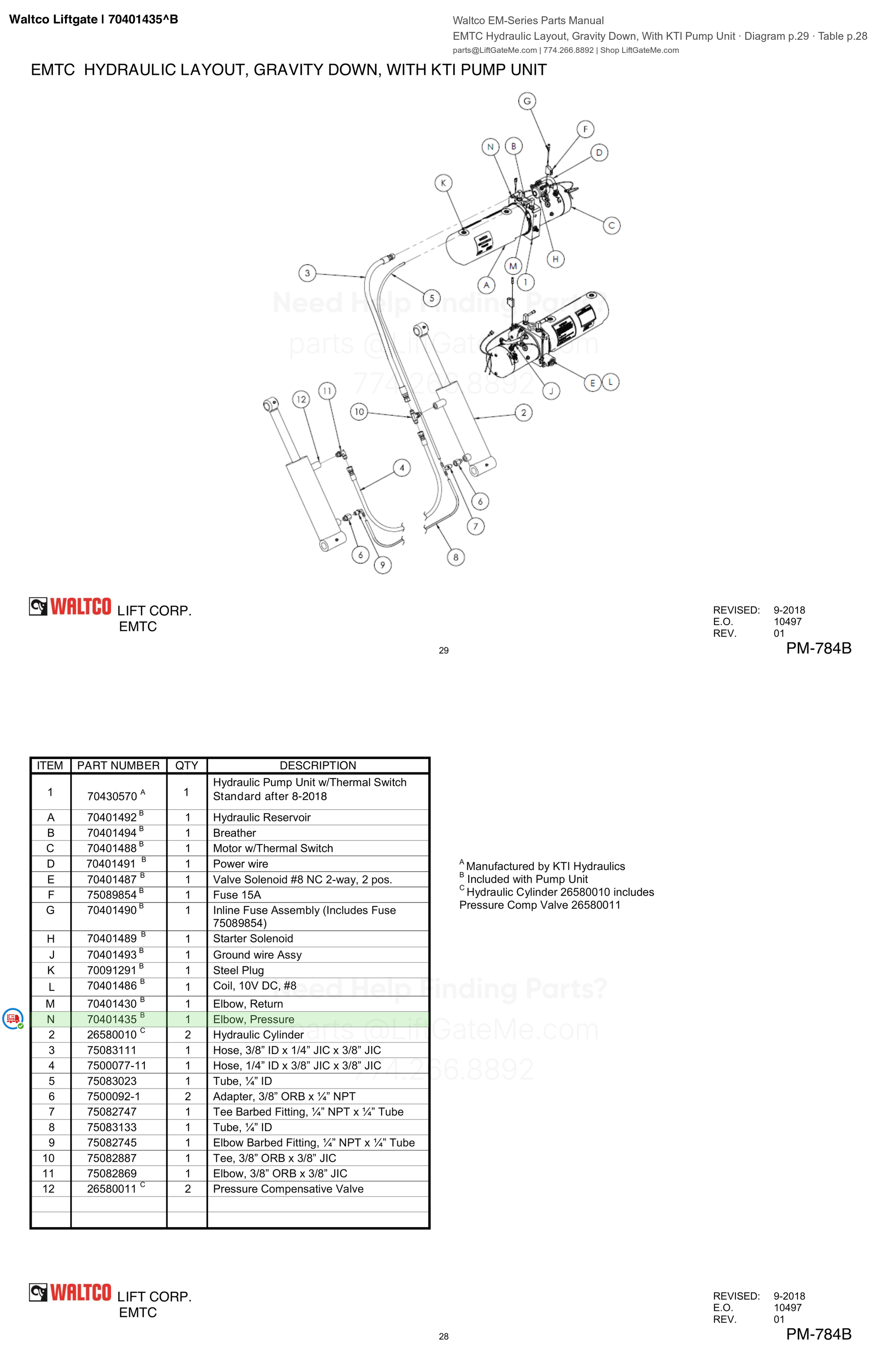 Waltco Liftgate | 70401435 — EMTC Hydraulic Layout, Gravity Down, With KTI Pump Unit · Diagram p.29 · Table p.28 (Waltco EM-Series Parts Manual)