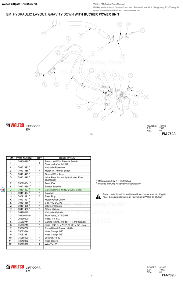 Waltco Liftgate | 70401487 — EM Hydraulic Layout, Gravity Down With Bucher Power Unit · Diagram p.23 · Table p.24 (Waltco EM-Series Parts Manual)