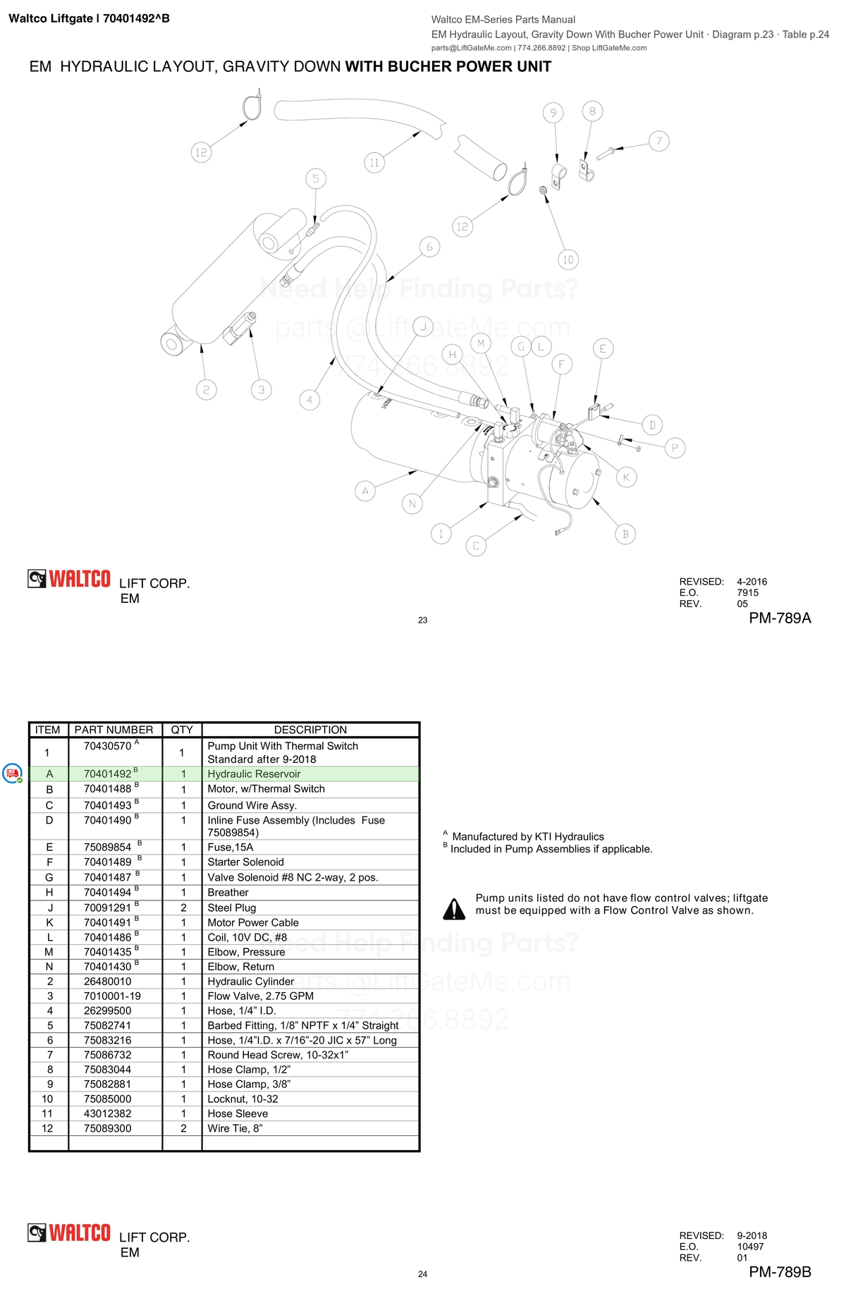 Waltco Liftgate | 70401492 — EM Hydraulic Layout, Gravity Down With Bucher Power Unit · Diagram p.23 · Table p.24 (Waltco EM-Series Parts Manual)