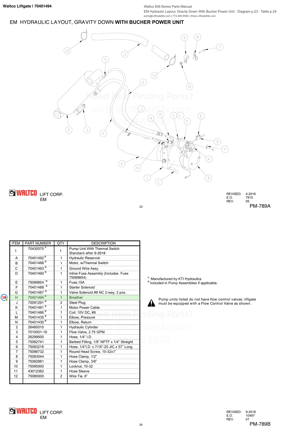 Waltco Liftgate | 70401494 — EM Hydraulic Layout, Gravity Down With Bucher Power Unit · Diagram p.23 · Table p.24 (Waltco EM-Series Parts Manual)