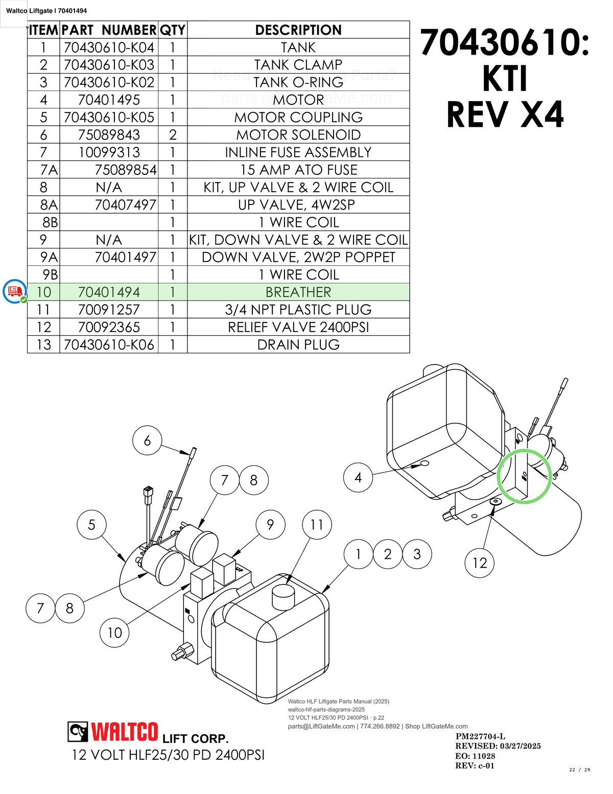 Waltco Liftgate | 70401494 — 12 VOLT HLF25/30 PD 2400PSI · p.22 (Waltco HLF Parts Manual)