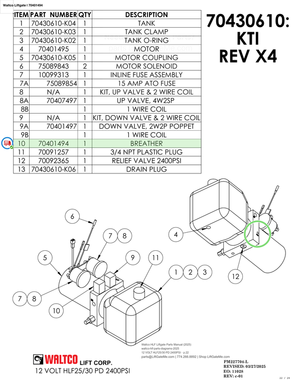 Waltco Liftgate | 70401494 — 12 VOLT HLF25/30 PD 2400PSI · p.22 (Waltco HLF Parts Manual)