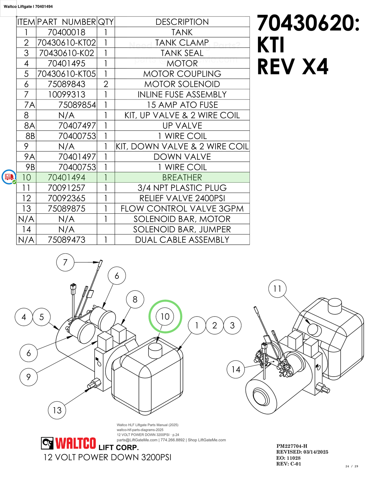 Waltco Liftgate | 70401494 — 12 VOLT POWER DOWN 3200PSI · p.24 (Waltco HLF Parts Manual)