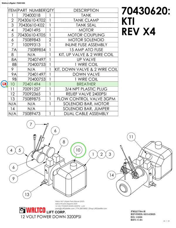 Waltco Liftgate | 70401494 — 12 VOLT POWER DOWN 3200PSI · p.24 (Waltco HLF Parts Manual)