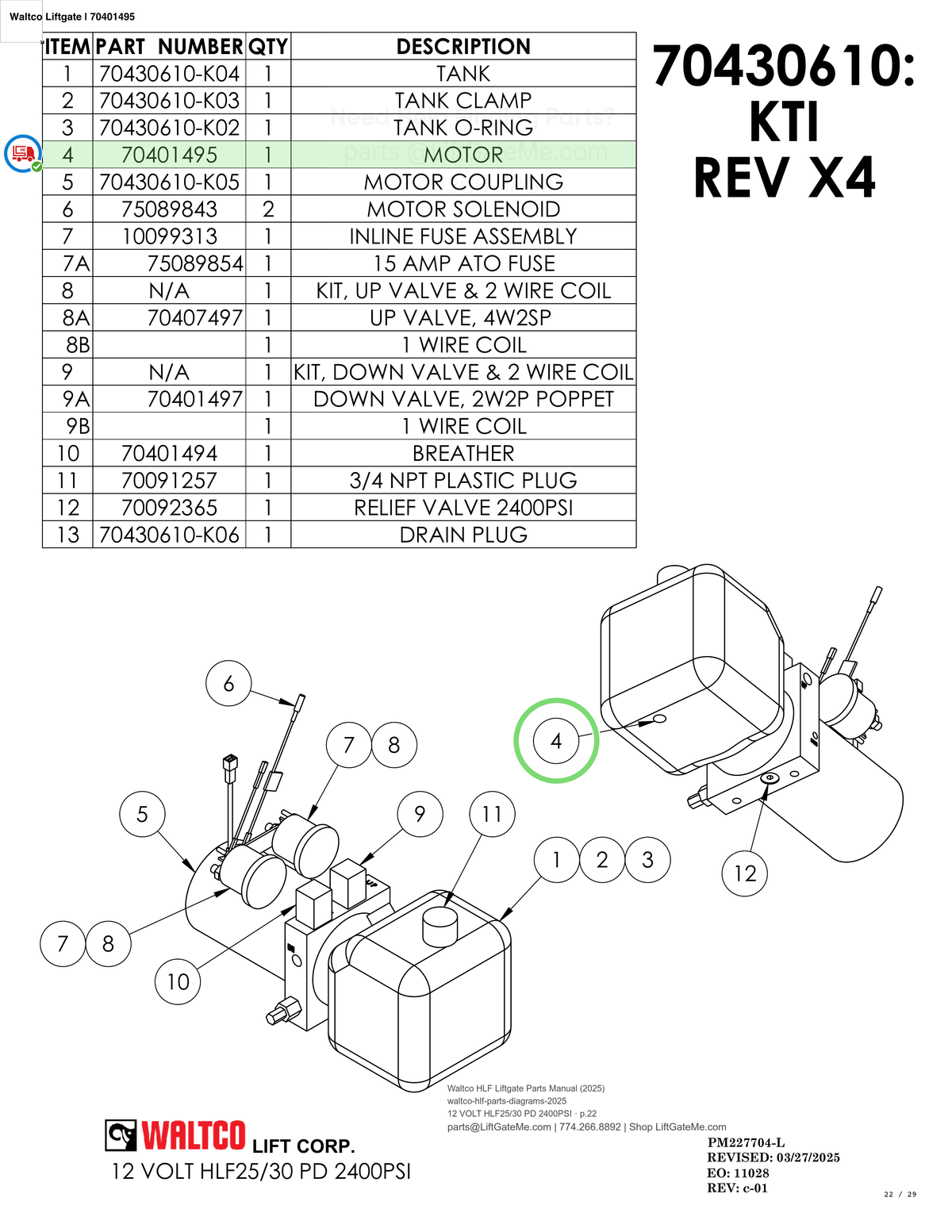 Waltco Liftgate | 70401495 — 12 VOLT HLF25/30 PD 2400PSI · p.22 (Waltco HLF Parts Manual)