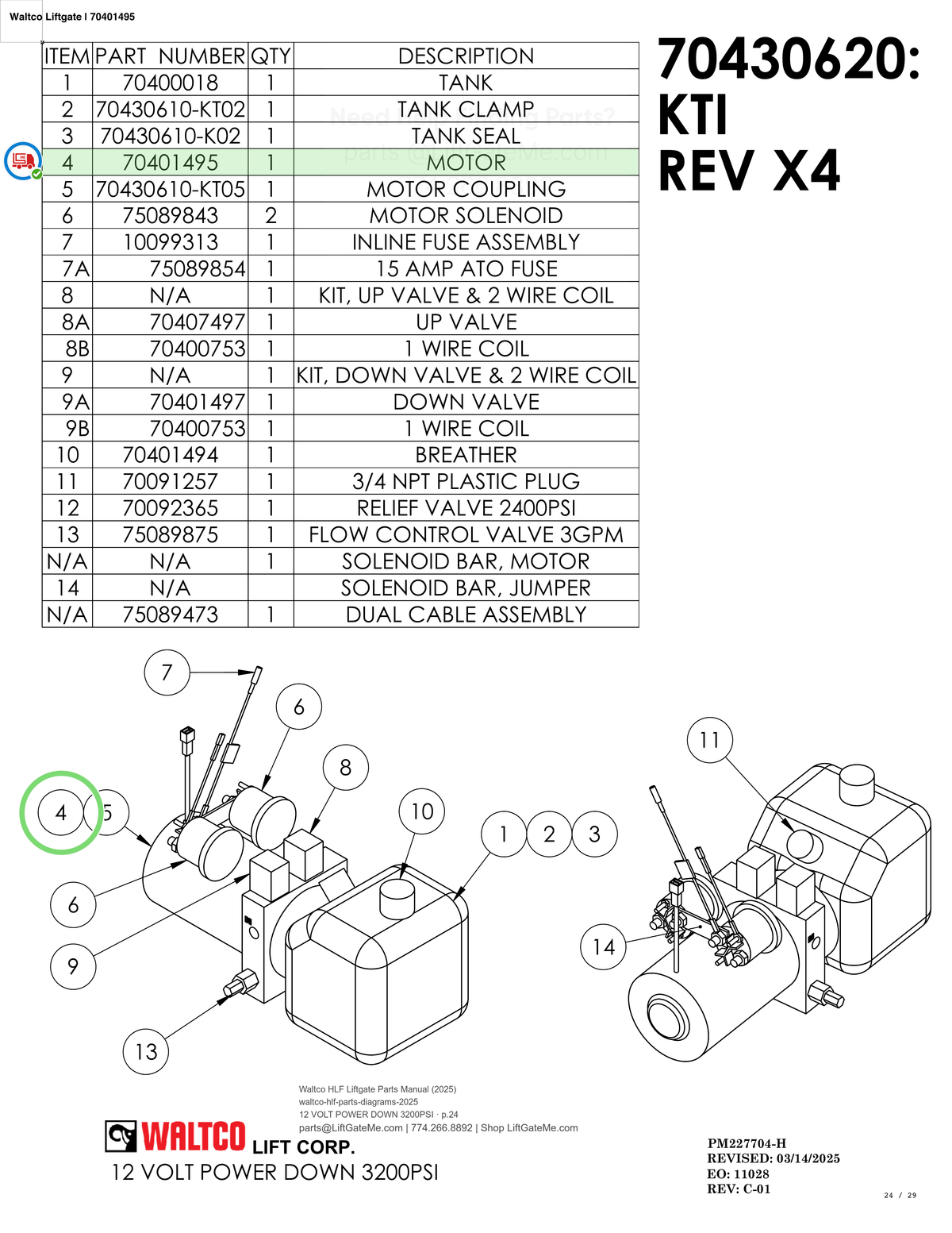 Waltco Liftgate | 70401495 — 12 VOLT POWER DOWN 3200PSI · p.24 (Waltco HLF Parts Manual)