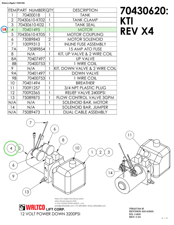 Waltco Liftgate | 70401495 — 12 VOLT POWER DOWN 3200PSI · p.24 (Waltco HLF Parts Manual)