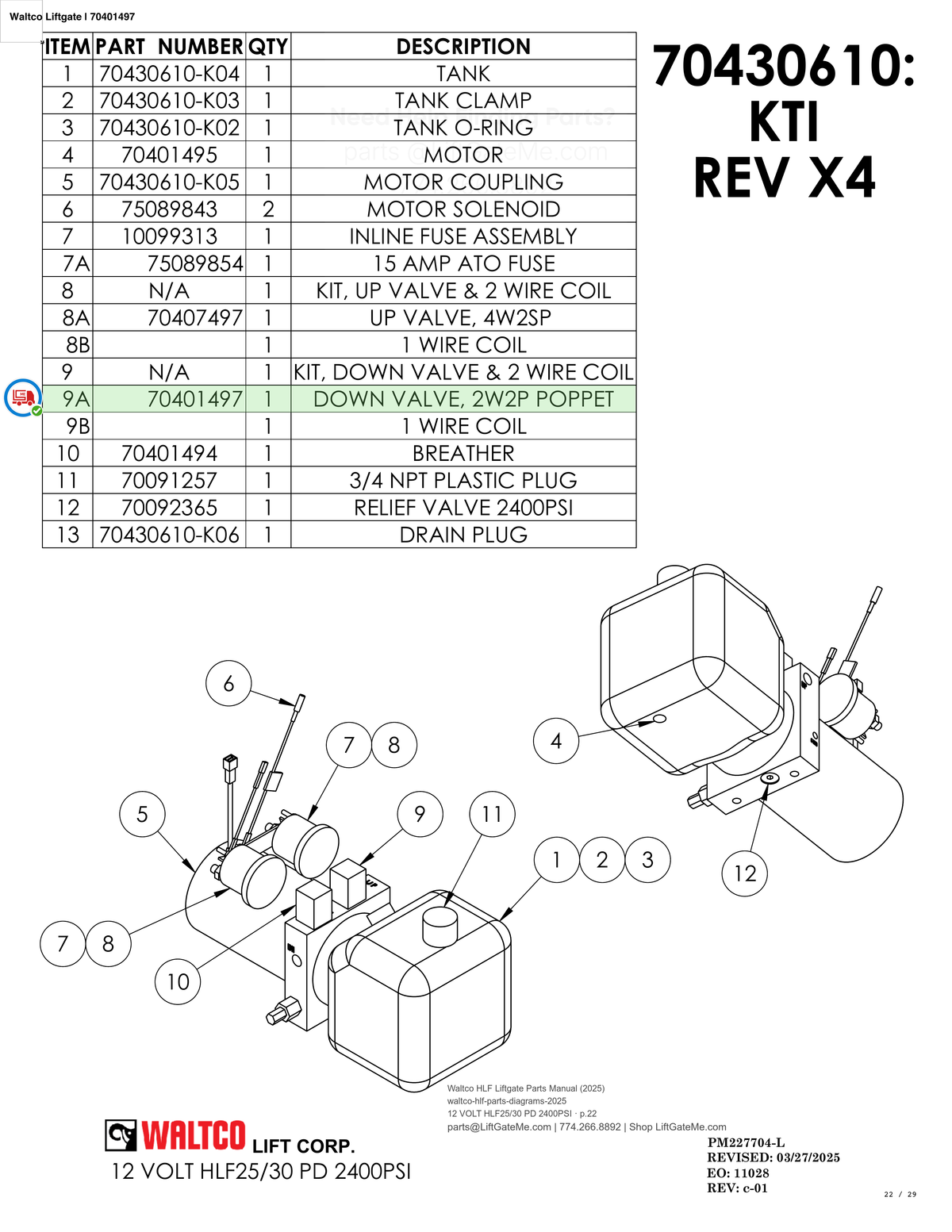 Waltco Liftgate | 70401497 — 12 VOLT HLF25/30 PD 2400PSI · p.22 (Waltco HLF Parts Manual)
