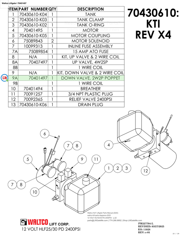 Waltco Liftgate | 70401497 — 12 VOLT HLF25/30 PD 2400PSI · p.22 (Waltco HLF Parts Manual)