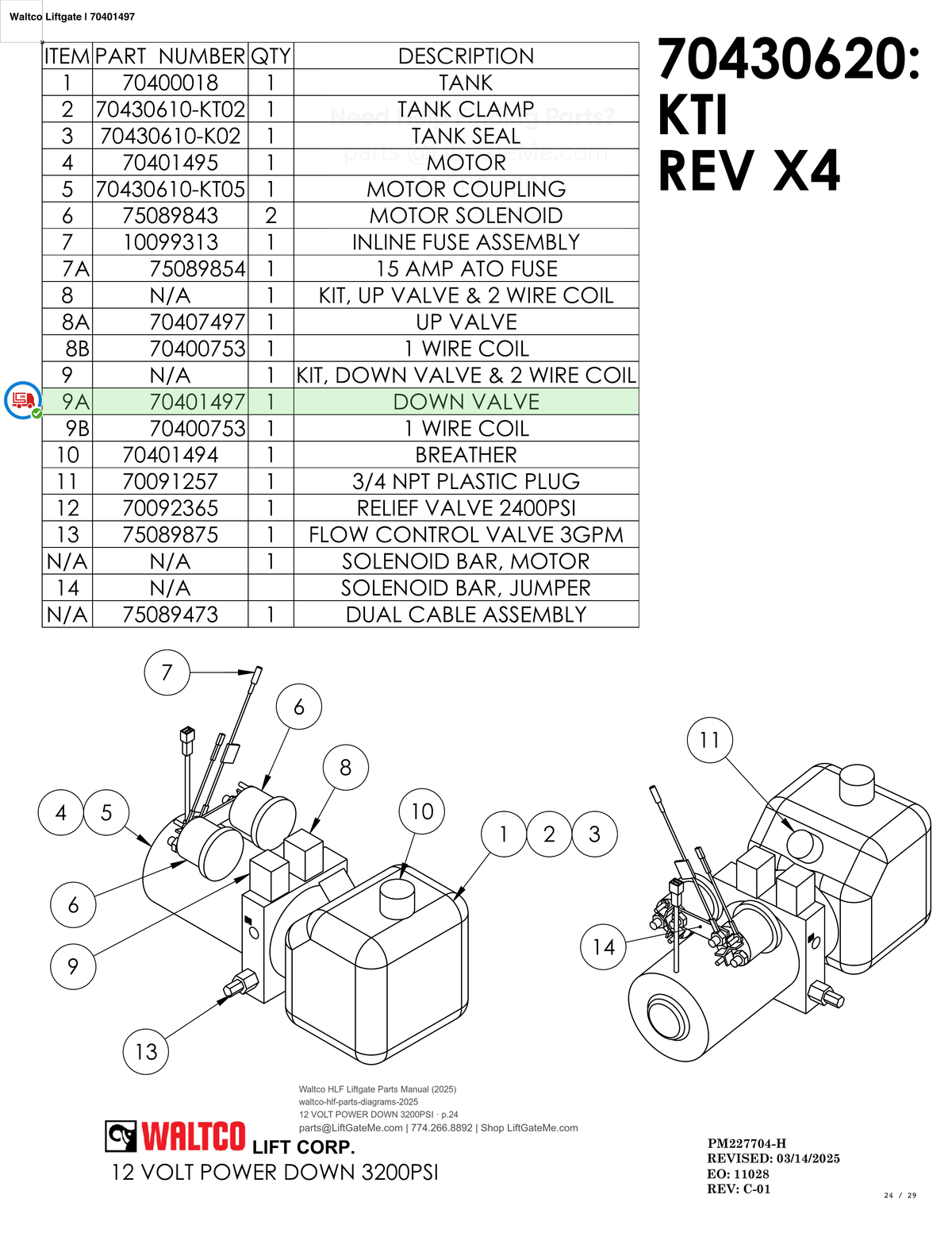 Waltco Liftgate | 70401497 — 12 VOLT POWER DOWN 3200PSI · p.24 (Waltco HLF Parts Manual)
