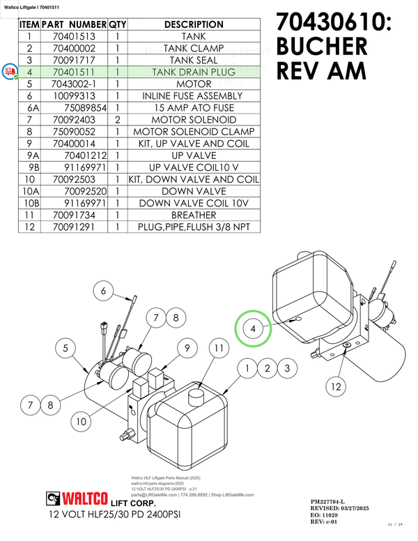 Waltco Liftgate | 70401511 — 12 VOLT HLF25/30 PD 2400PSI · p.21 (Waltco HLF Parts Manual)