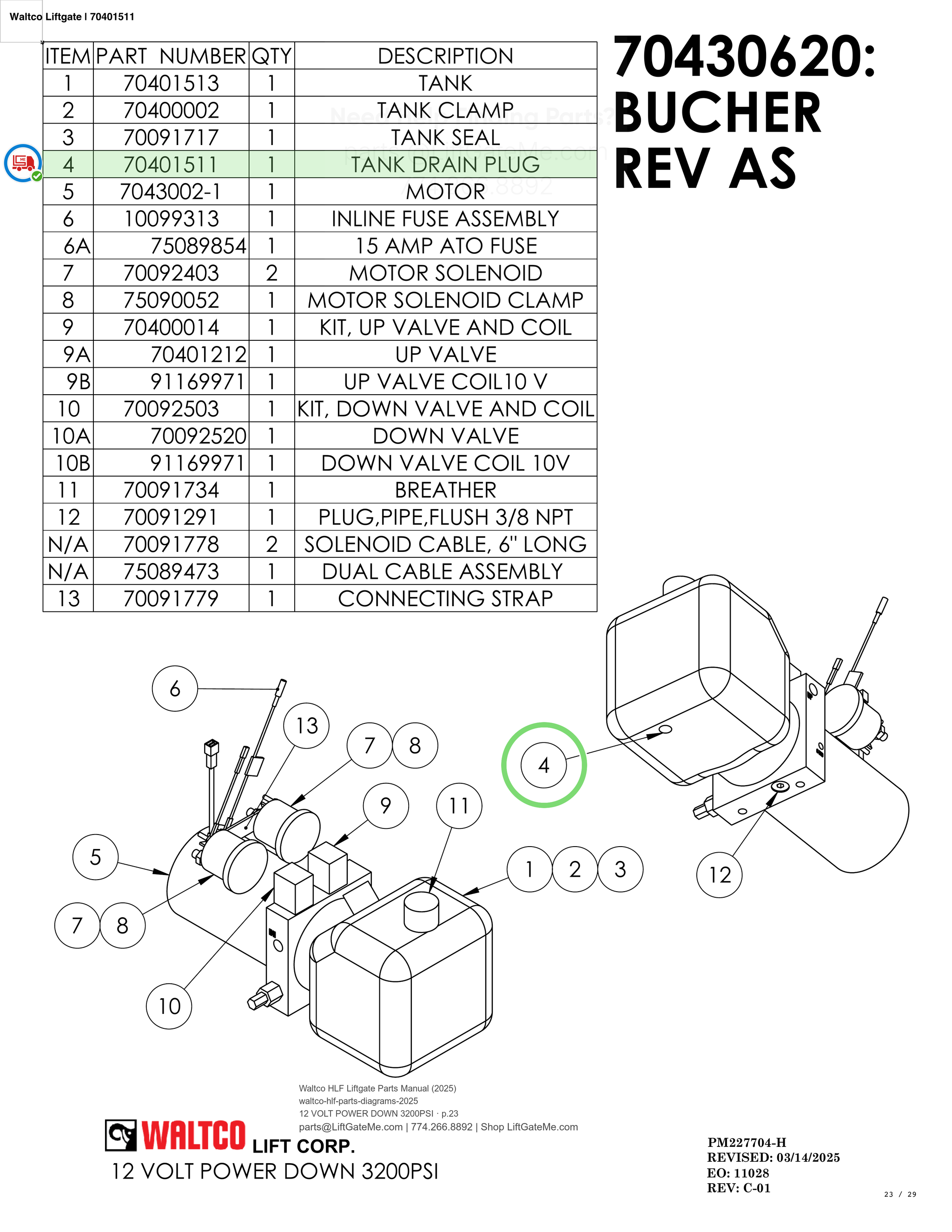 Waltco Liftgate | 70401511 — 12 VOLT POWER DOWN 3200PSI · p.23 (Waltco HLF Parts Manual)