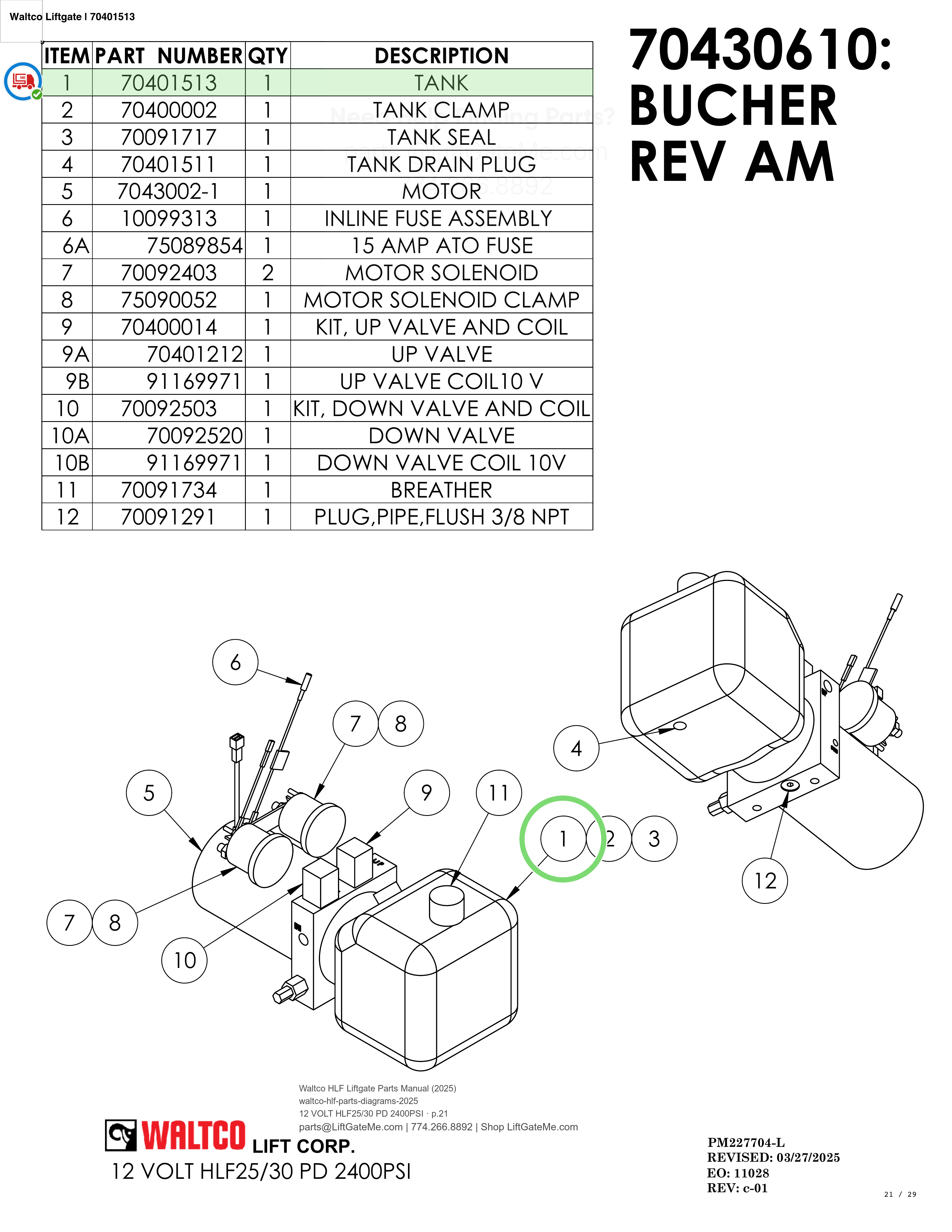 Waltco Liftgate | 70401513 — 12 VOLT HLF25/30 PD 2400PSI · p.21 (Waltco HLF Parts Manual)