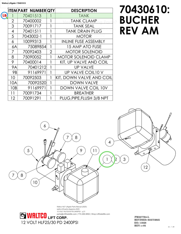 Waltco Liftgate | 70401513 — 12 VOLT HLF25/30 PD 2400PSI · p.21 (Waltco HLF Parts Manual)