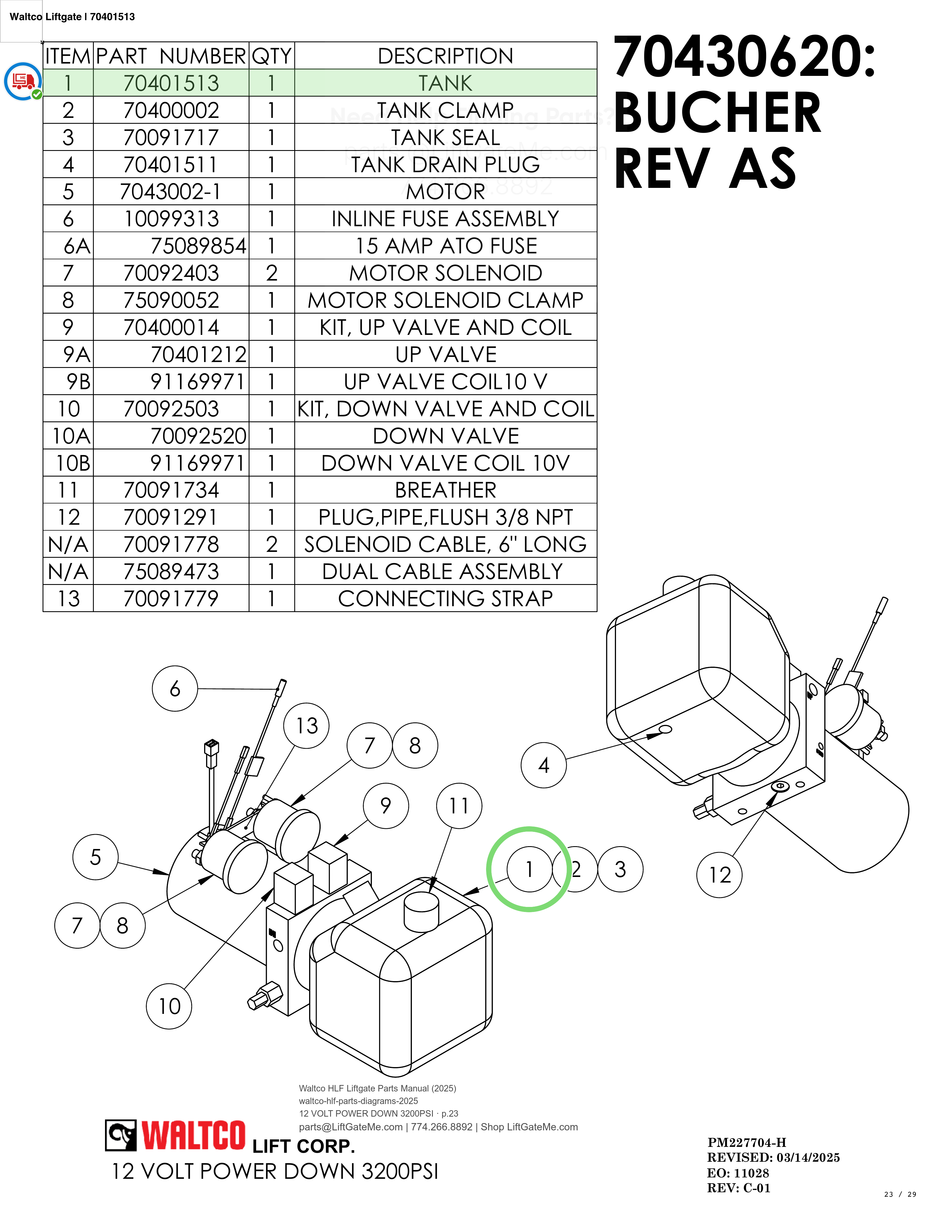 Waltco Liftgate | 70401513 — 12 VOLT POWER DOWN 3200PSI · p.23 (Waltco HLF Parts Manual)