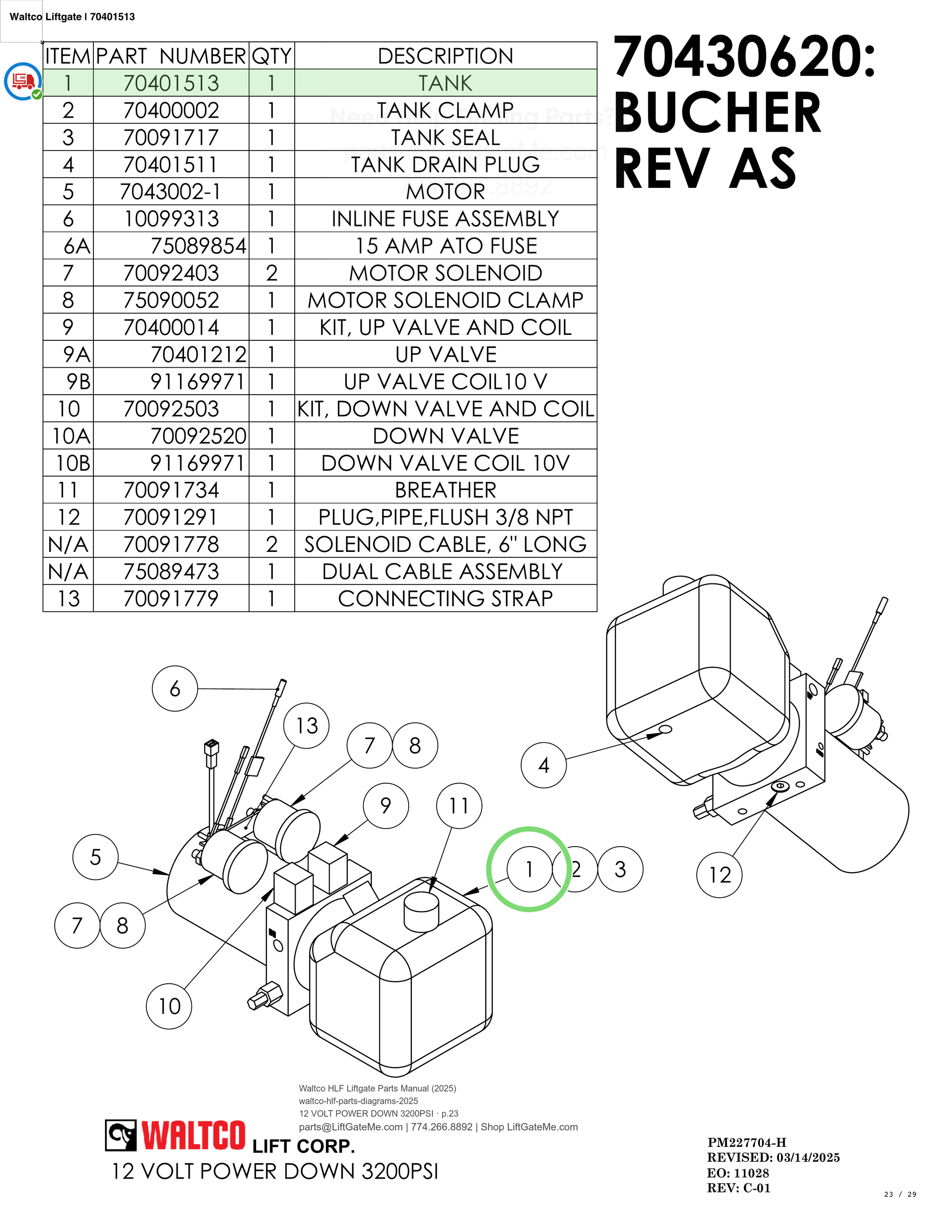 Waltco Liftgate | 70401513 — 12 VOLT POWER DOWN 3200PSI · p.23 (Waltco HLF Parts Manual)