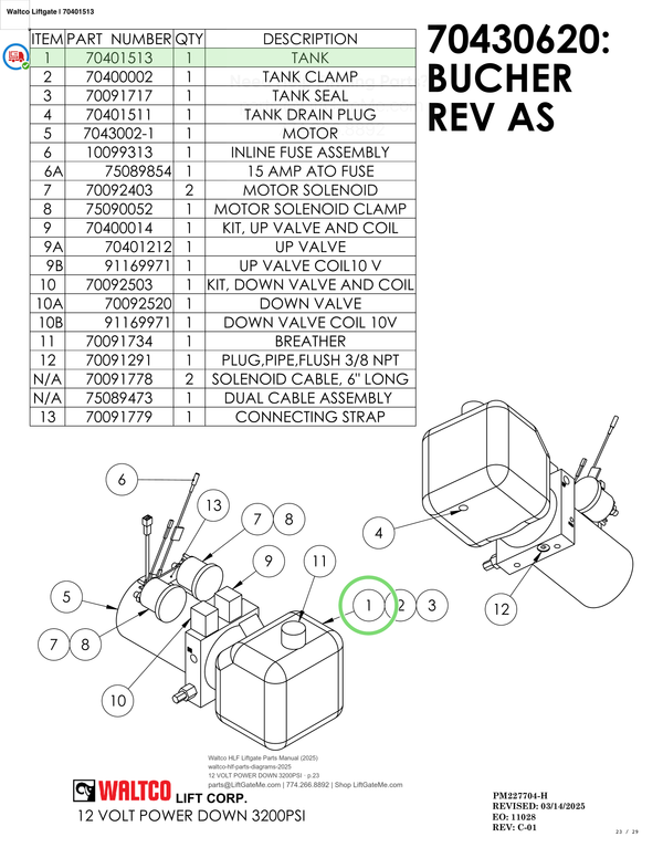 Waltco Liftgate | 70401513 — 12 VOLT POWER DOWN 3200PSI · p.23 (Waltco HLF Parts Manual)