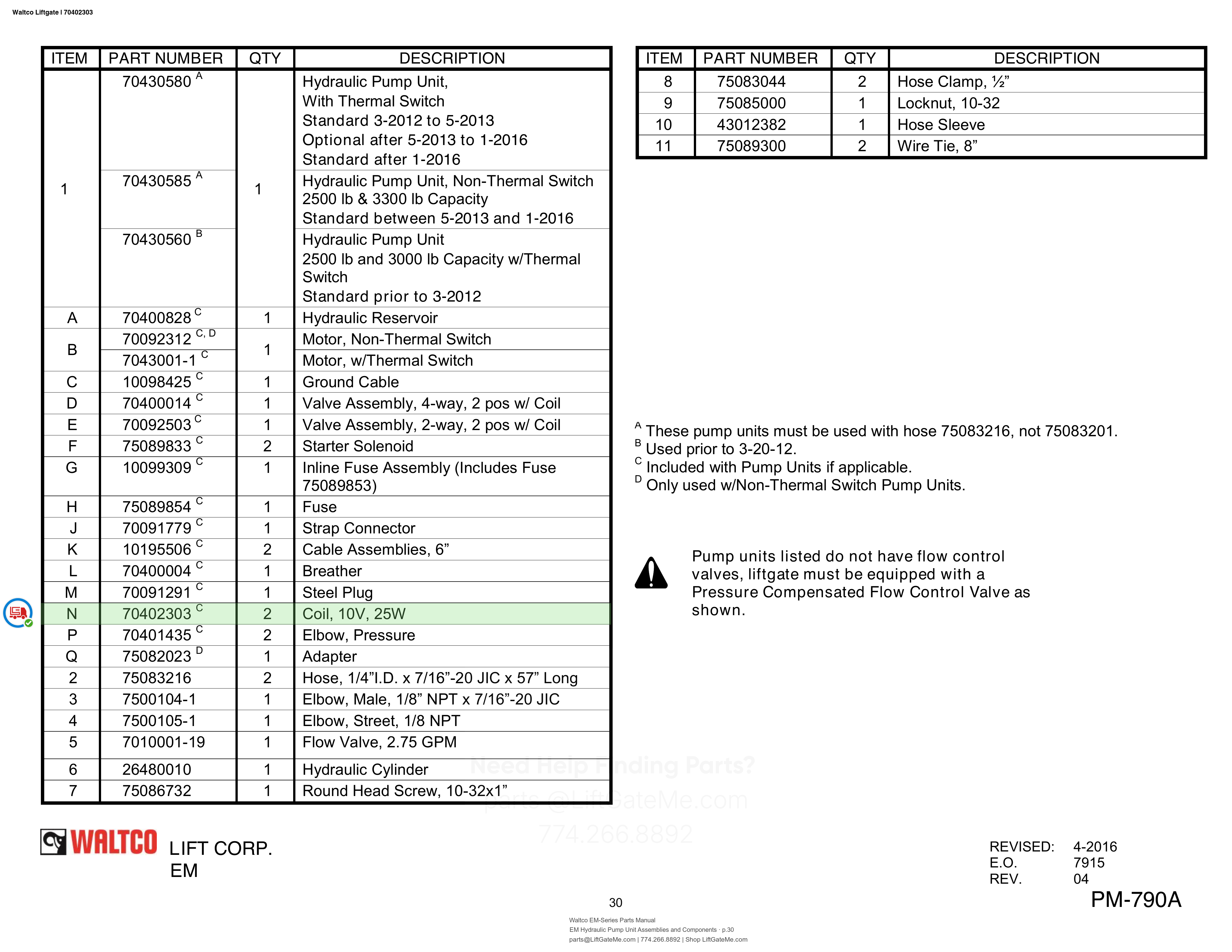 Waltco Liftgate | 70402303 — EM Hydraulic Pump Unit Assemblies and Components · p.30 (Waltco EM-Series Parts Manual)