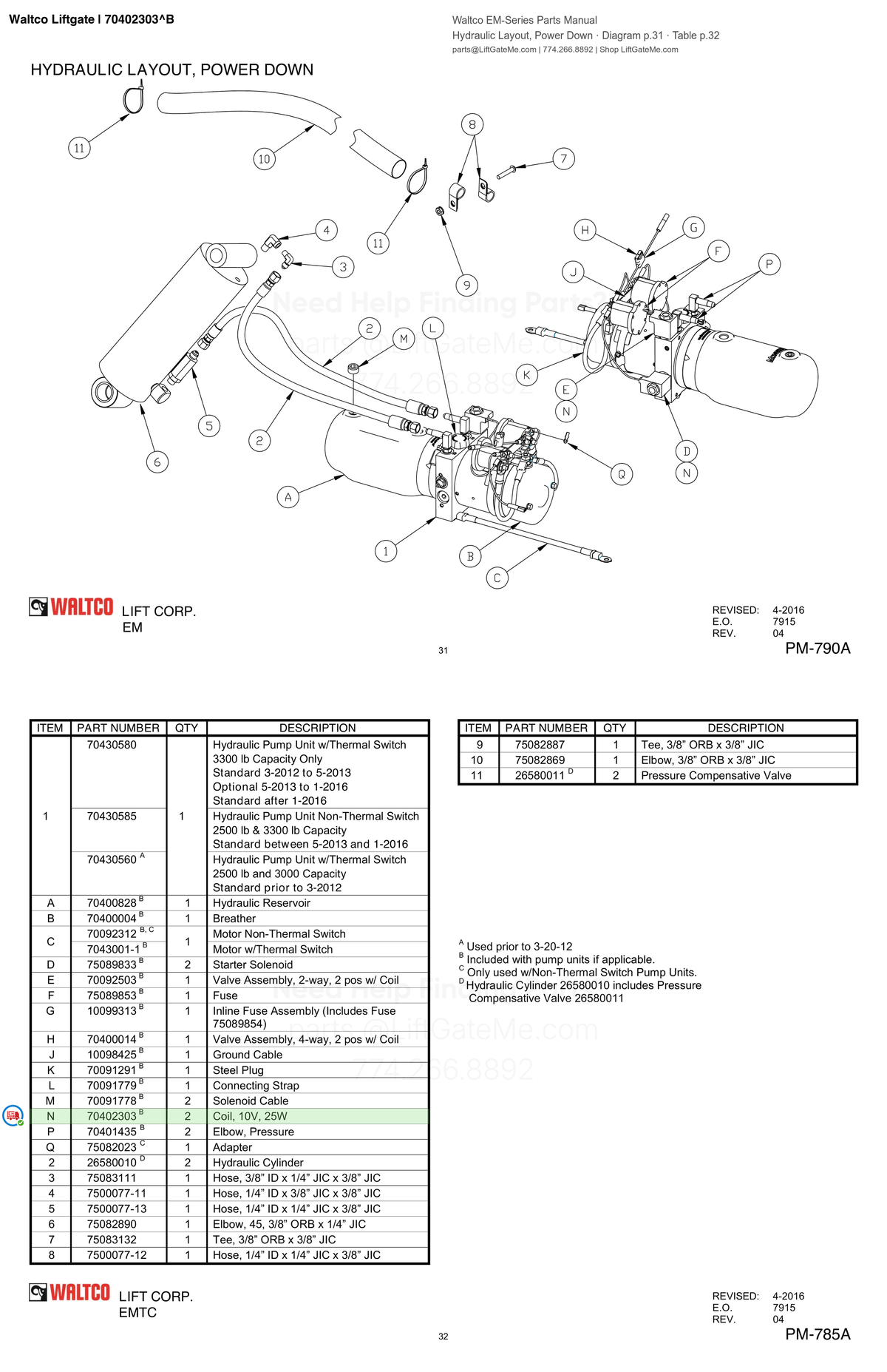 Waltco Liftgate | 70402303 — Hydraulic Layout, Power Down · Diagram p.31 · Table p.32 (Waltco EM-Series Parts Manual)