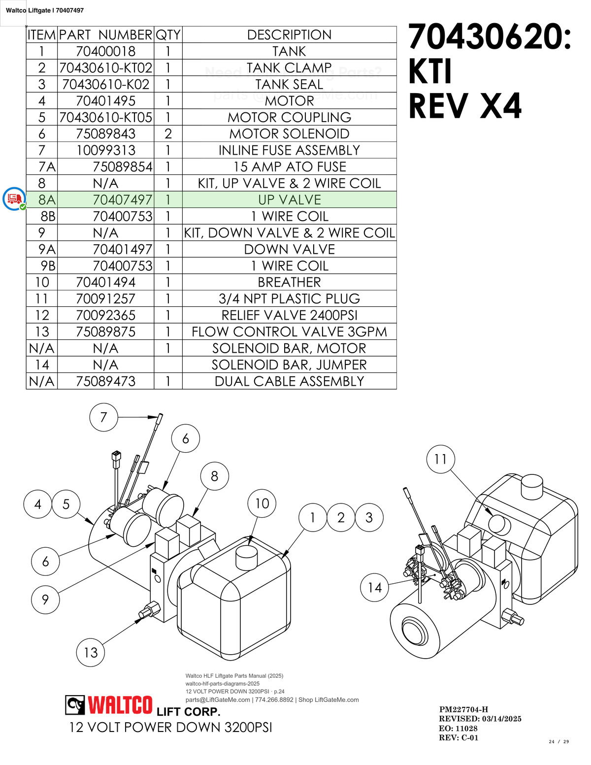 Waltco Liftgate | 70407497 — 12 VOLT POWER DOWN 3200PSI · p.24 (Waltco HLF Parts Manual)