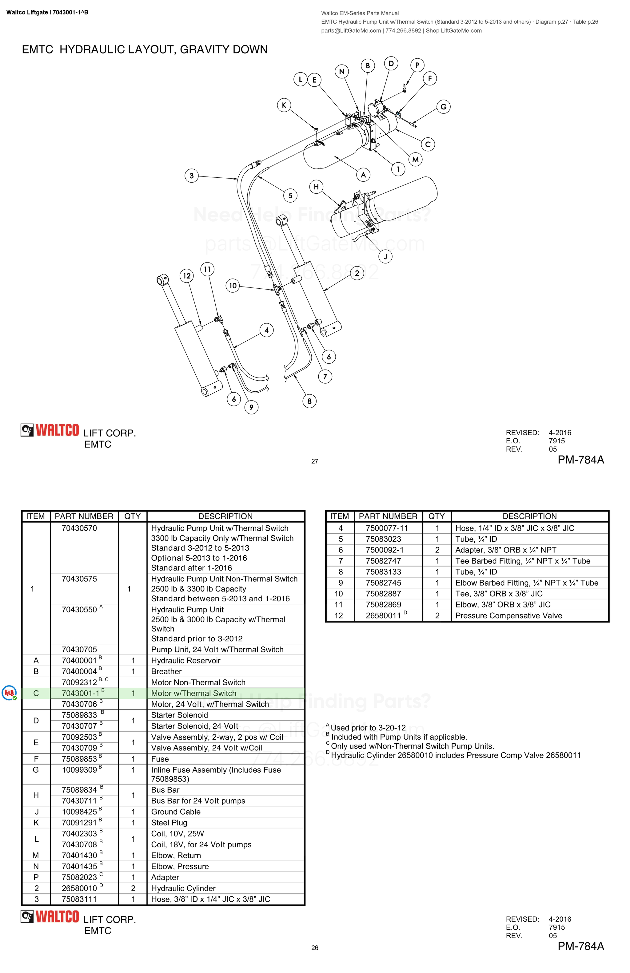 Waltco Liftgate | 7043001-1 — EMTC Hydraulic Pump Unit w/Thermal Switch (Standard 3-2012 to 5-2013 and others) · Diagram p.27 · Table p.26 (Waltco EM-Series Parts Manual)