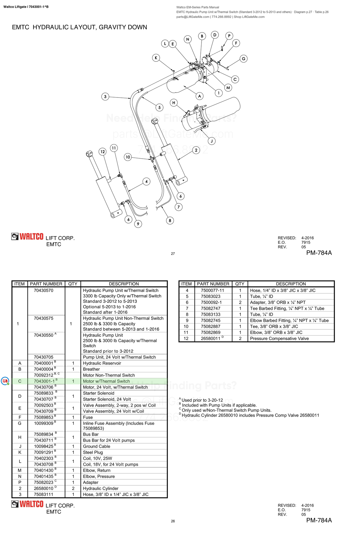 Waltco Liftgate | 7043001-1 — EMTC Hydraulic Pump Unit w/Thermal Switch (Standard 3-2012 to 5-2013 and others) · Diagram p.27 · Table p.26 (Waltco EM-Series Parts Manual)