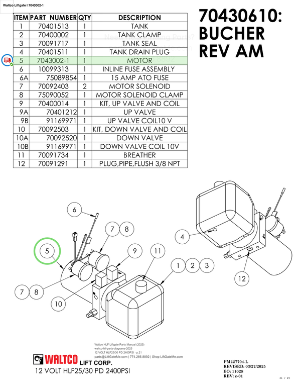 Waltco Liftgate | 7043002-1 — 12 VOLT HLF25/30 PD 2400PSI · p.21 (Waltco HLF Parts Manual)
