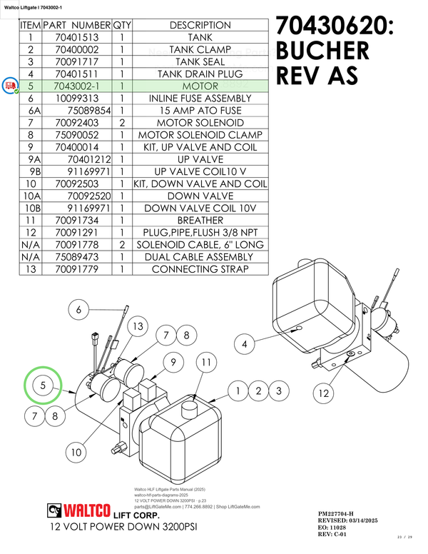 Waltco Liftgate | 7043002-1 — 12 VOLT POWER DOWN 3200PSI · p.23 (Waltco HLF Parts Manual)