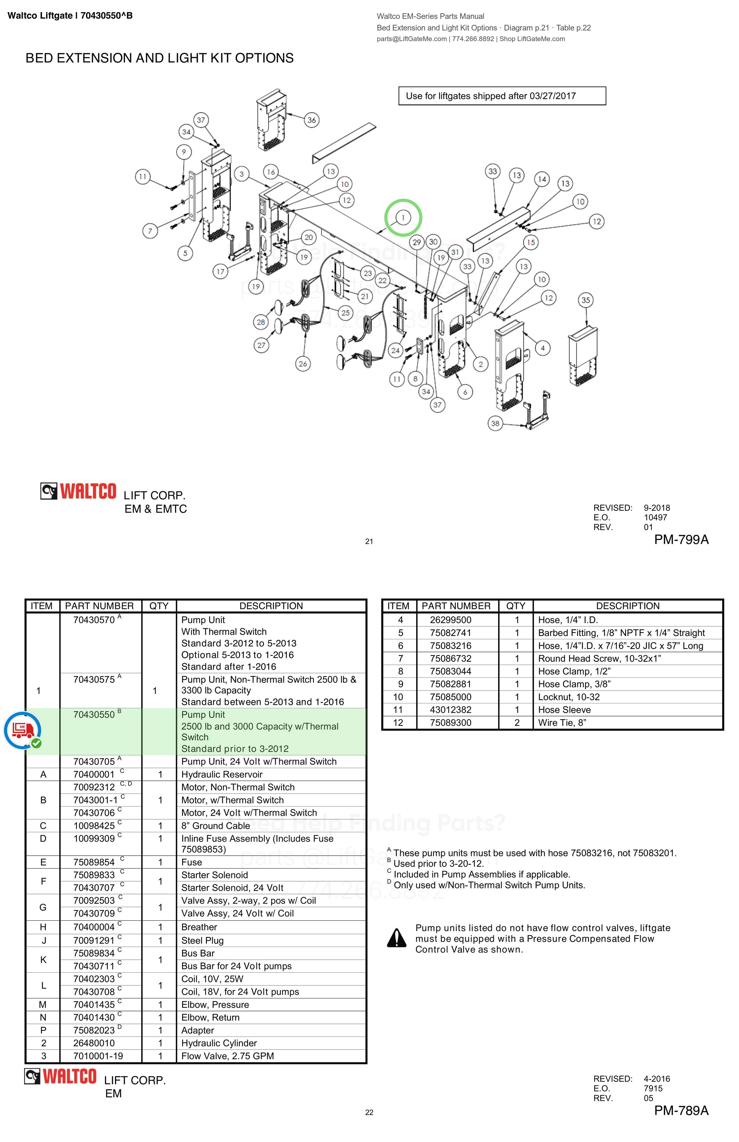 Waltco Liftgate | 70430550 — Bed Extension and Light Kit Options · Diagram p.21 · Table p.22 (Waltco EM-Series Parts Manual)