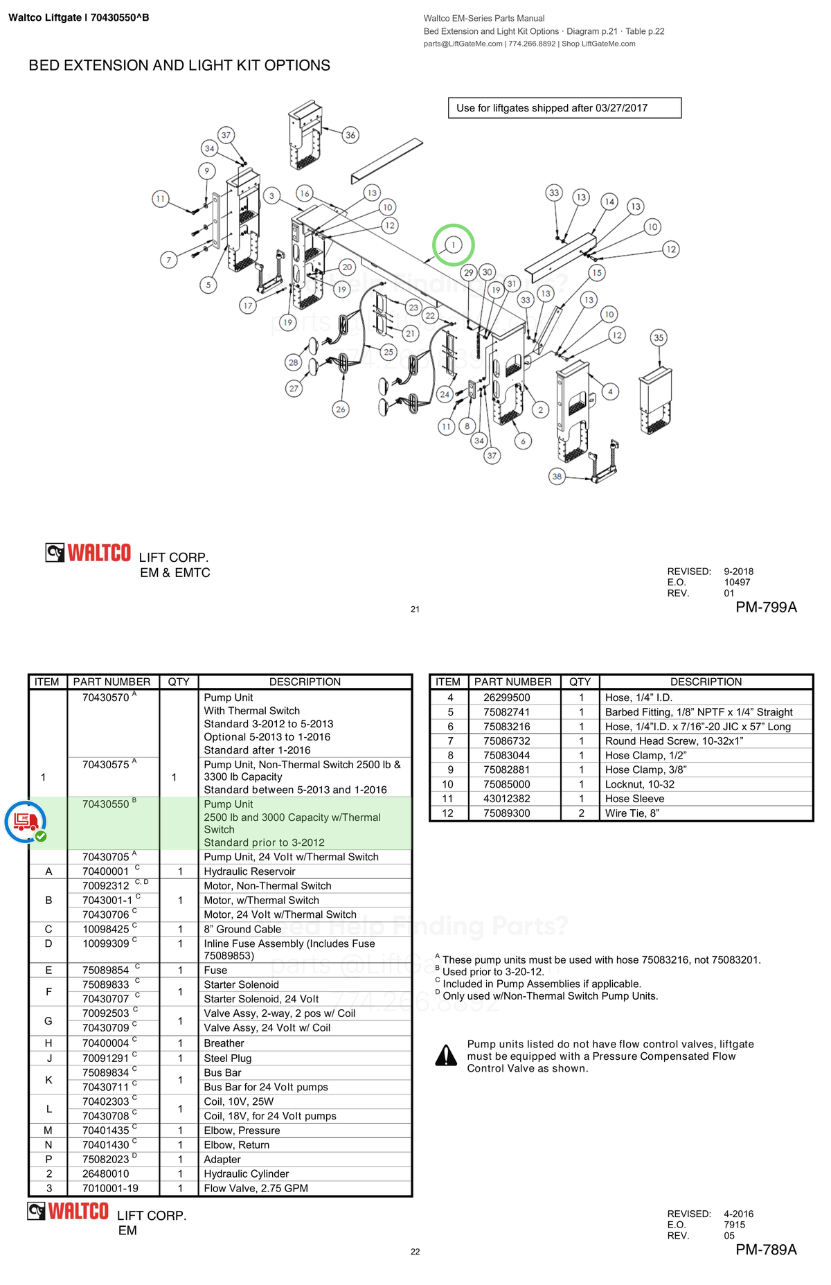 Waltco Liftgate | 70430550 — Bed Extension and Light Kit Options · Diagram p.21 · Table p.22 (Waltco EM-Series Parts Manual)