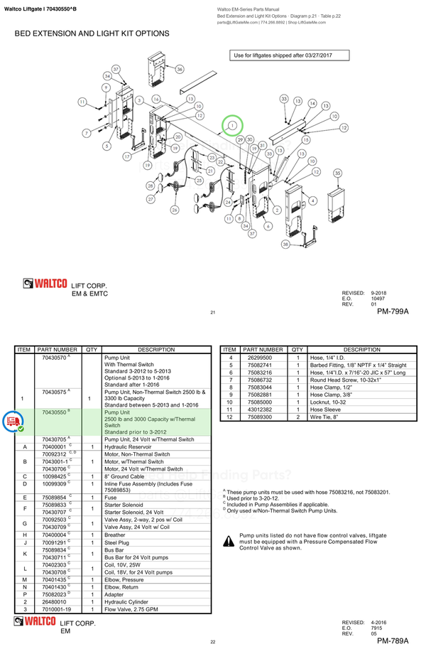 Waltco Liftgate | 70430550 — Bed Extension and Light Kit Options · Diagram p.21 · Table p.22 (Waltco EM-Series Parts Manual)
