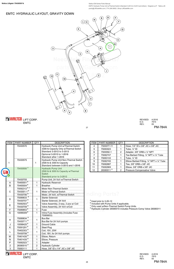 Waltco Liftgate | 70430550 — EMTC Hydraulic Pump Unit w/Thermal Switch (Standard 3-2012 to 5-2013 and others) · Diagram p.27 · Table p.26 (Waltco EM-Series Parts Manual)