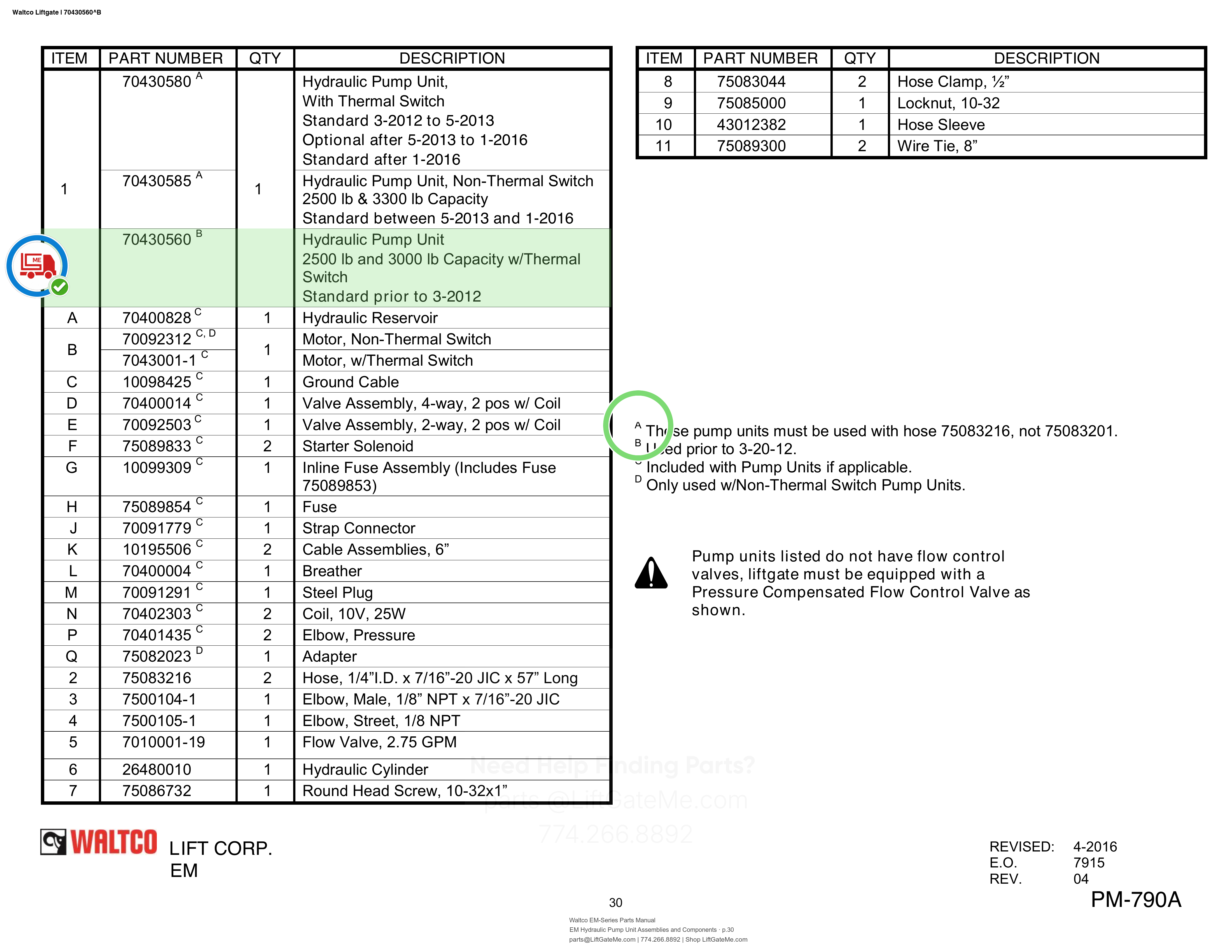 Waltco Liftgate | 70430560 — EM Hydraulic Pump Unit Assemblies and Components · p.30 (Waltco EM-Series Parts Manual)
