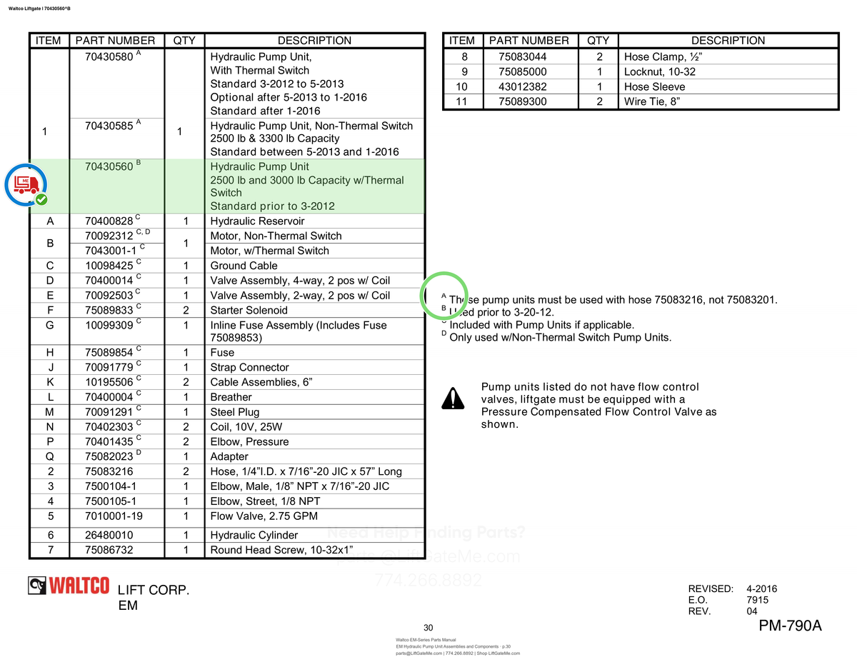 Waltco Liftgate | 70430560 — EM Hydraulic Pump Unit Assemblies and Components · p.30 (Waltco EM-Series Parts Manual)