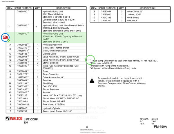 Waltco Liftgate | 70430560 — EM Hydraulic Pump Unit Assemblies and Components · p.30 (Waltco EM-Series Parts Manual)