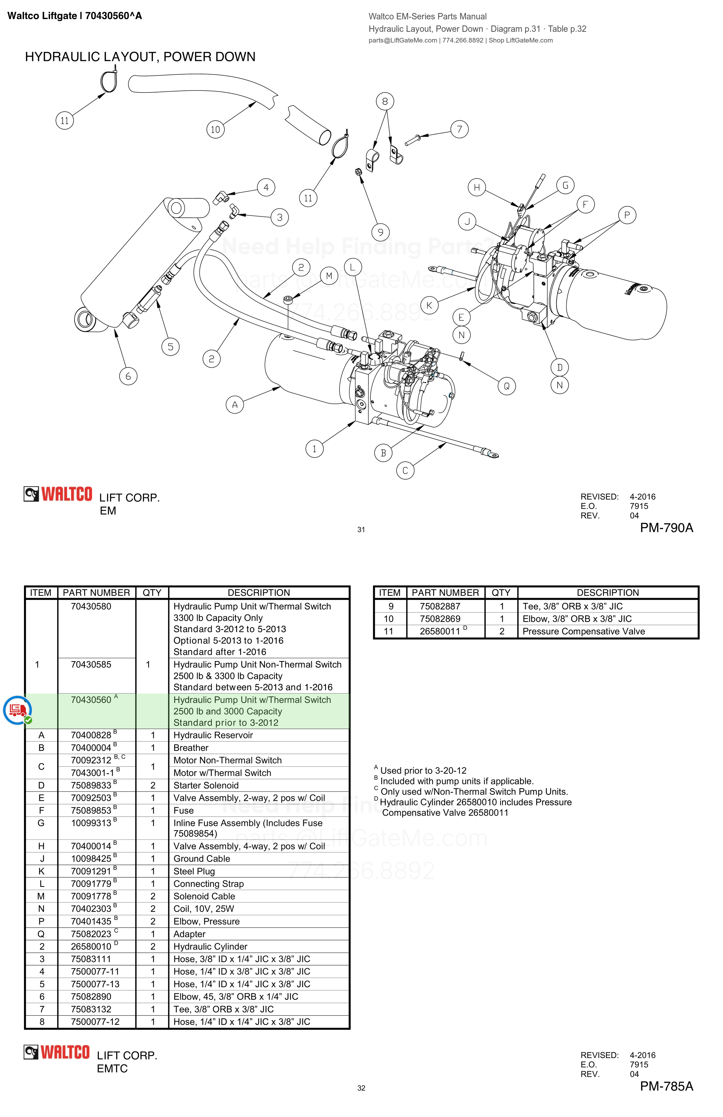 Waltco Liftgate | 70430560 — Hydraulic Layout, Power Down · Diagram p.31 · Table p.32 (Waltco EM-Series Parts Manual)