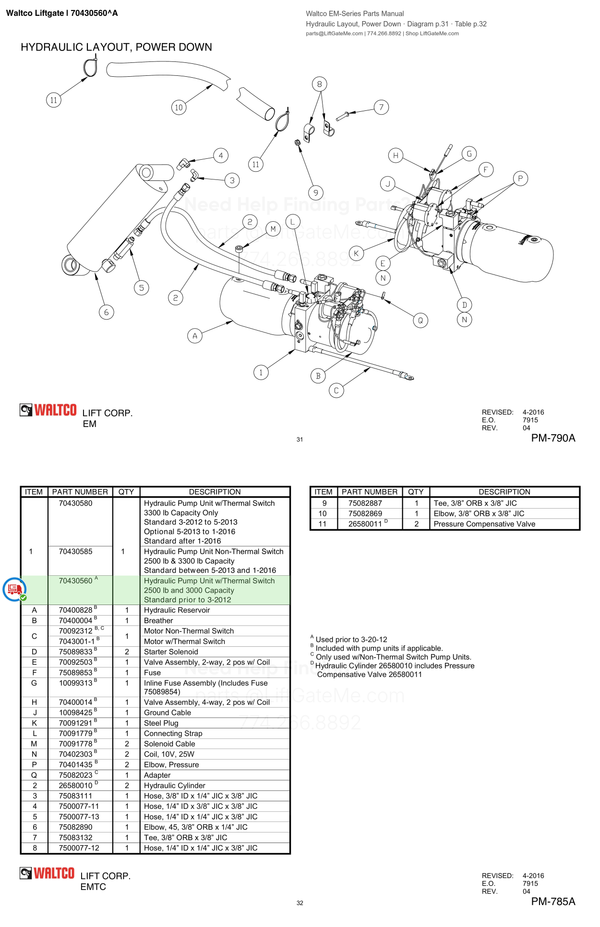 Waltco Liftgate | 70430560 — Hydraulic Layout, Power Down · Diagram p.31 · Table p.32 (Waltco EM-Series Parts Manual)