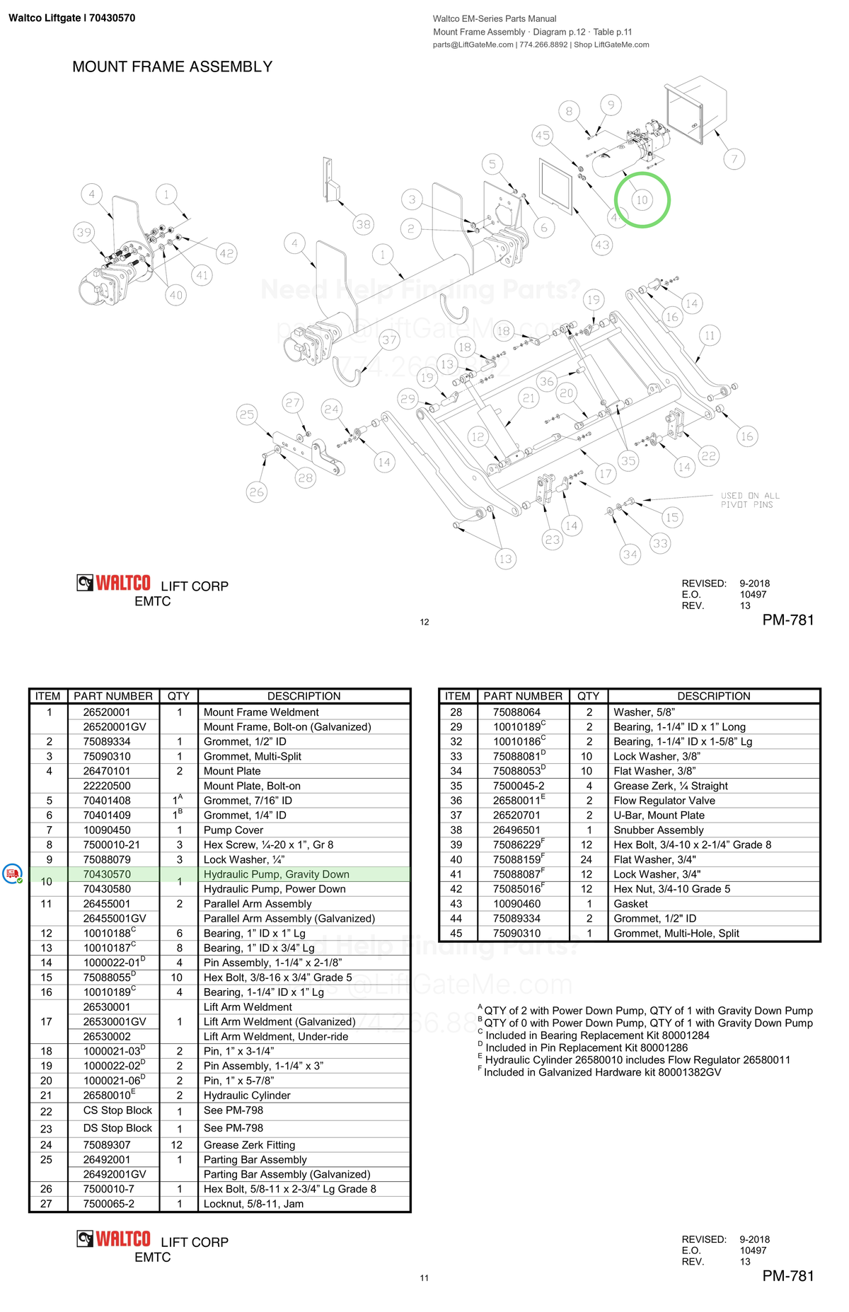 Waltco Liftgate | 70430570 — Mount Frame Assembly · Diagram p.12 · Table p.11 (Waltco EM-Series Parts Manual)