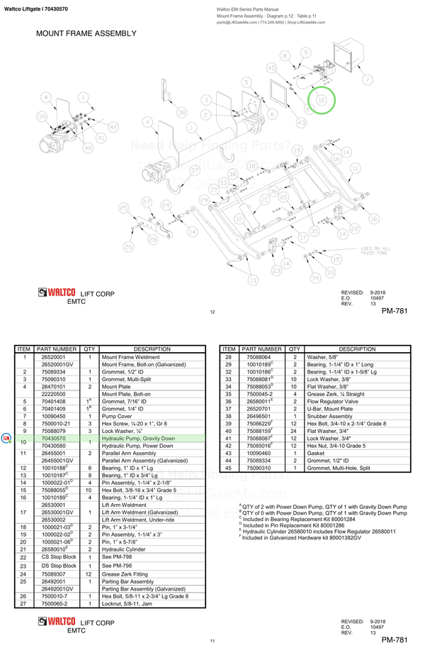 Waltco Liftgate | 70430570 — Mount Frame Assembly · Diagram p.12 · Table p.11 (Waltco EM-Series Parts Manual)