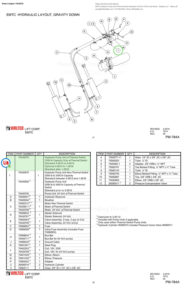 Waltco Liftgate | 70430570 — EMTC Hydraulic Pump Unit w/Thermal Switch (Standard 3-2012 to 5-2013 and others) · Diagram p.27 · Table p.26 (Waltco EM-Series Parts Manual)