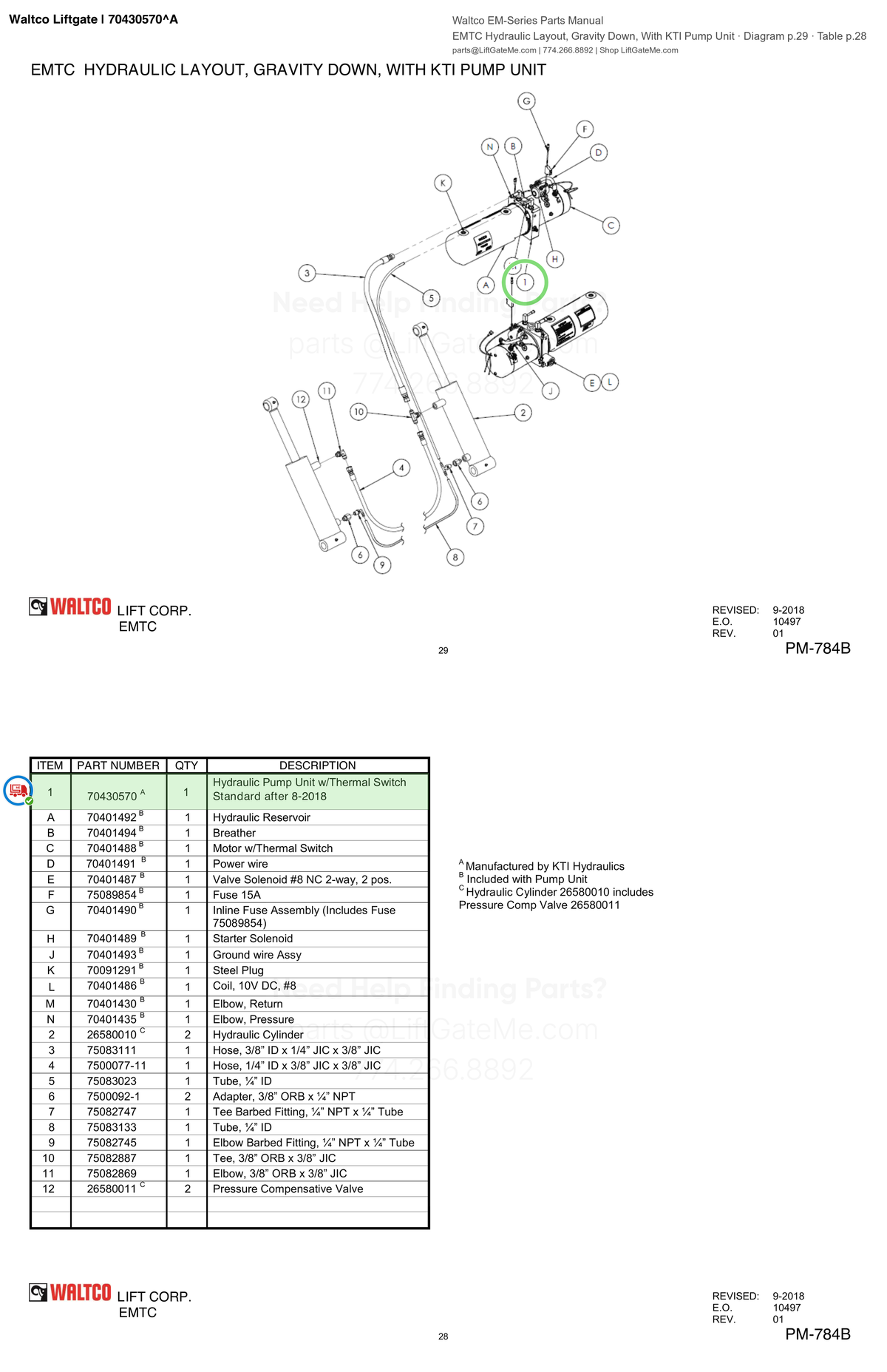 Waltco Liftgate | 70430570 — EMTC Hydraulic Layout, Gravity Down, With KTI Pump Unit · Diagram p.29 · Table p.28 (Waltco EM-Series Parts Manual)