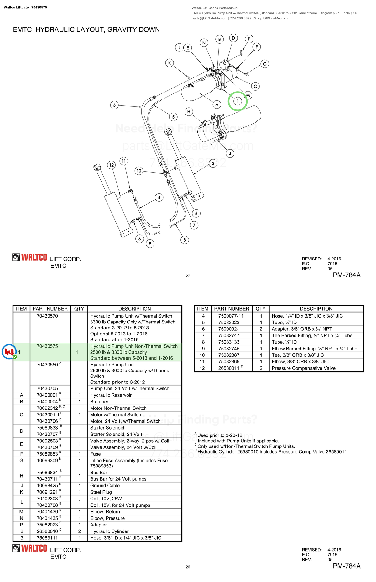 Waltco Liftgate | 70430575 — EMTC Hydraulic Pump Unit w/Thermal Switch (Standard 3-2012 to 5-2013 and others) · Diagram p.27 · Table p.26 (Waltco EM-Series Parts Manual)