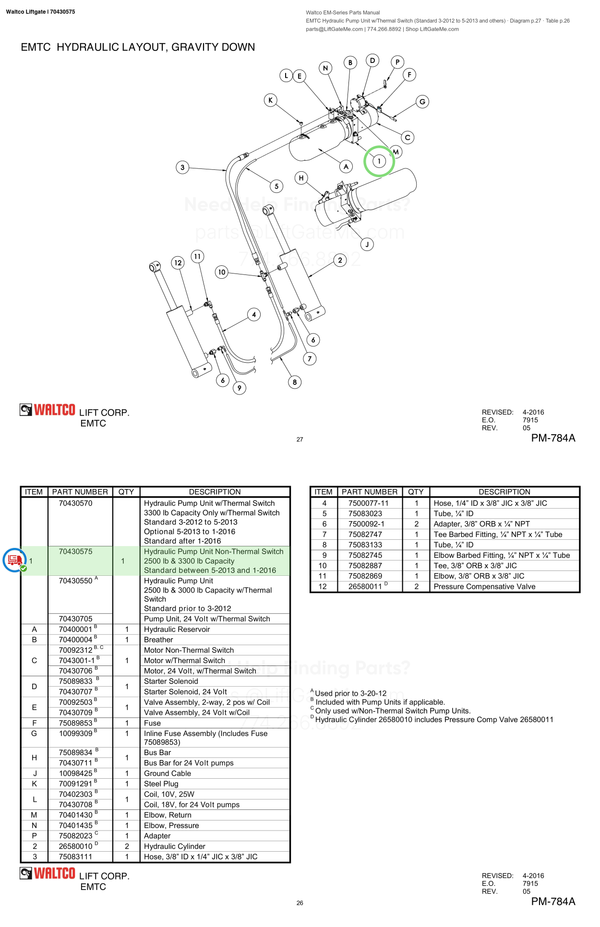 Waltco Liftgate | 70430575 — EMTC Hydraulic Pump Unit w/Thermal Switch (Standard 3-2012 to 5-2013 and others) · Diagram p.27 · Table p.26 (Waltco EM-Series Parts Manual)