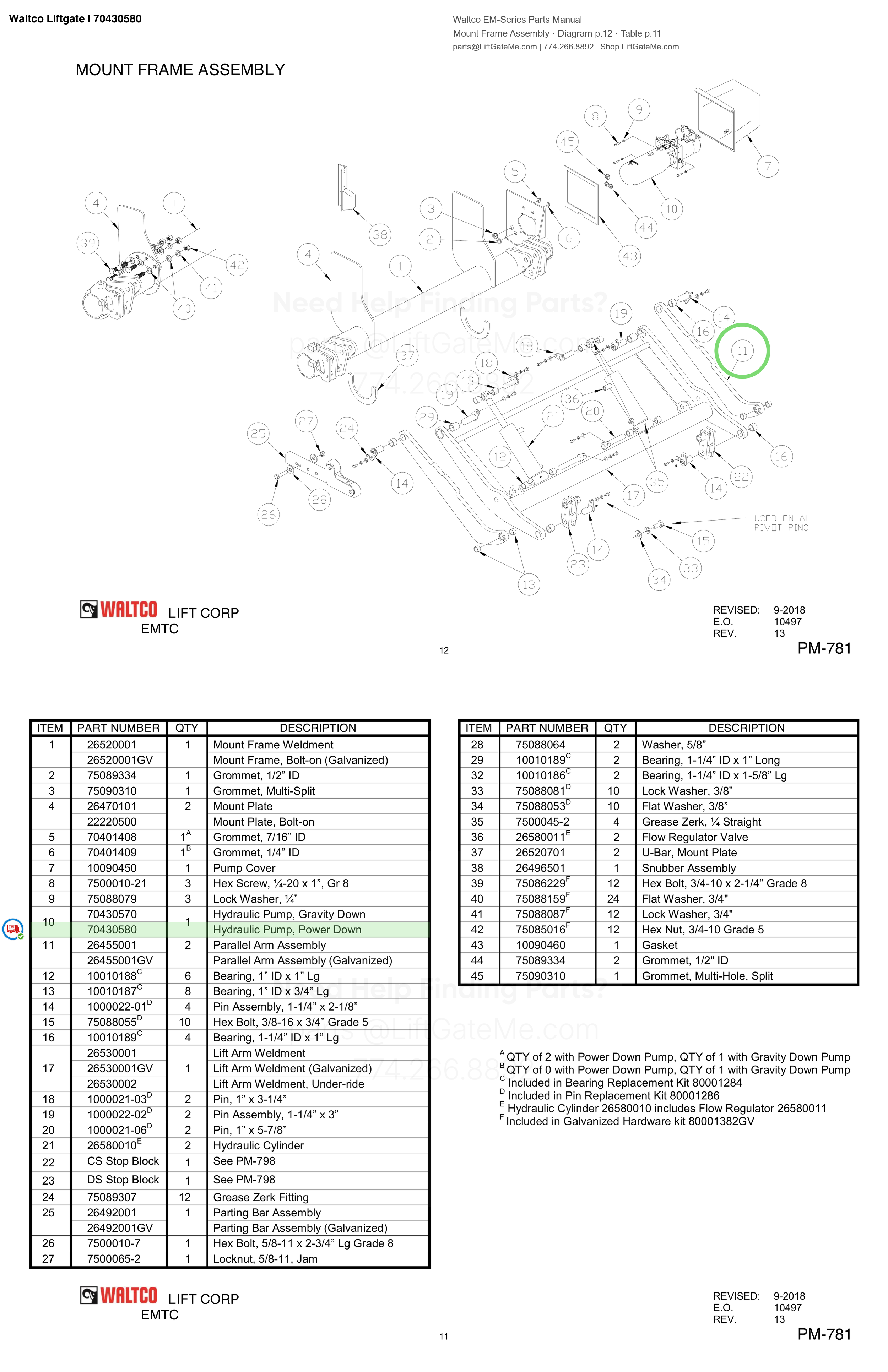 Waltco Liftgate | 70430580 — Mount Frame Assembly · Diagram p.12 · Table p.11 (Waltco EM-Series Parts Manual)