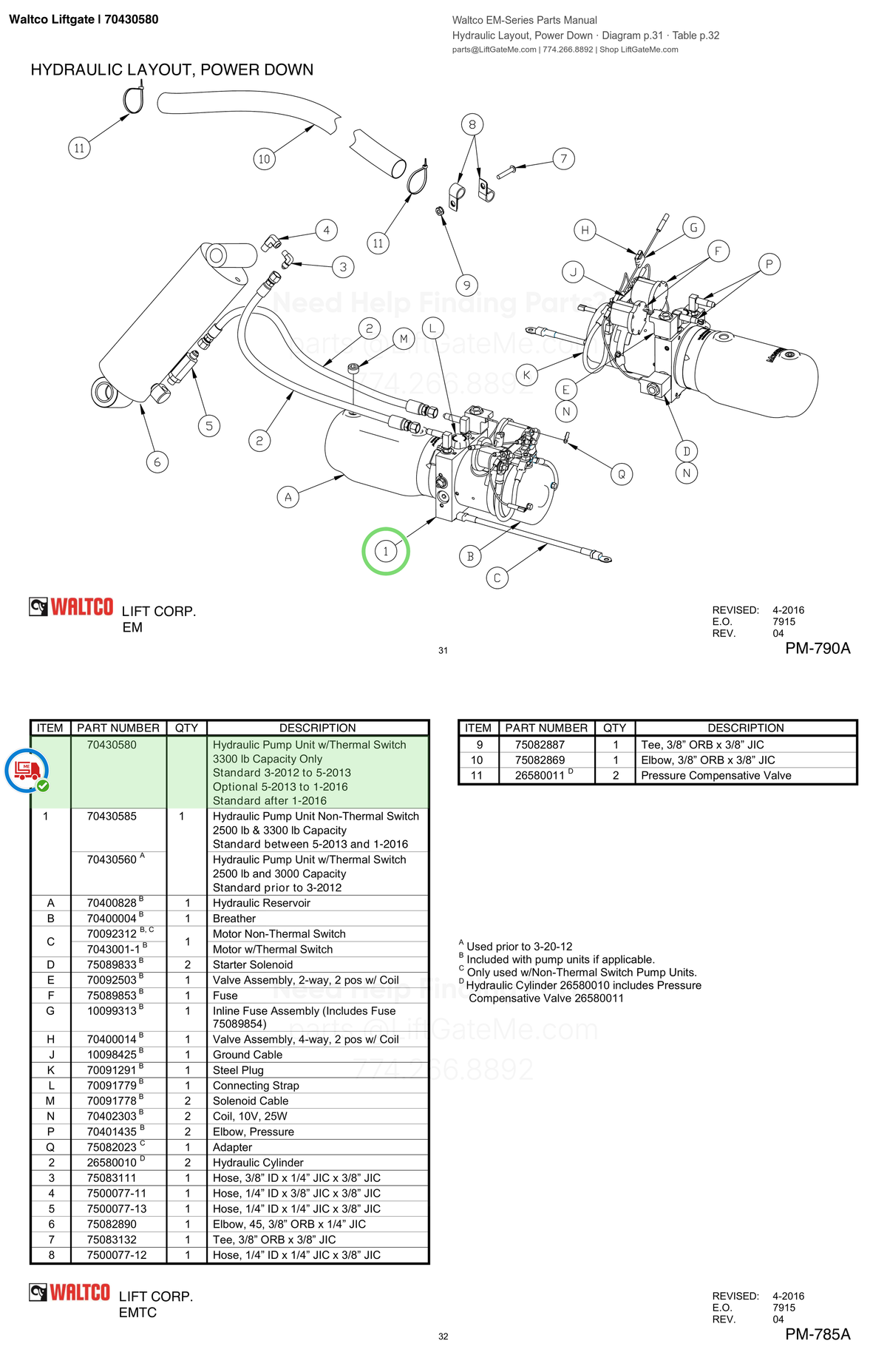 Waltco Liftgate | 70430580 — Hydraulic Layout, Power Down · Diagram p.31 · Table p.32 (Waltco EM-Series Parts Manual)
